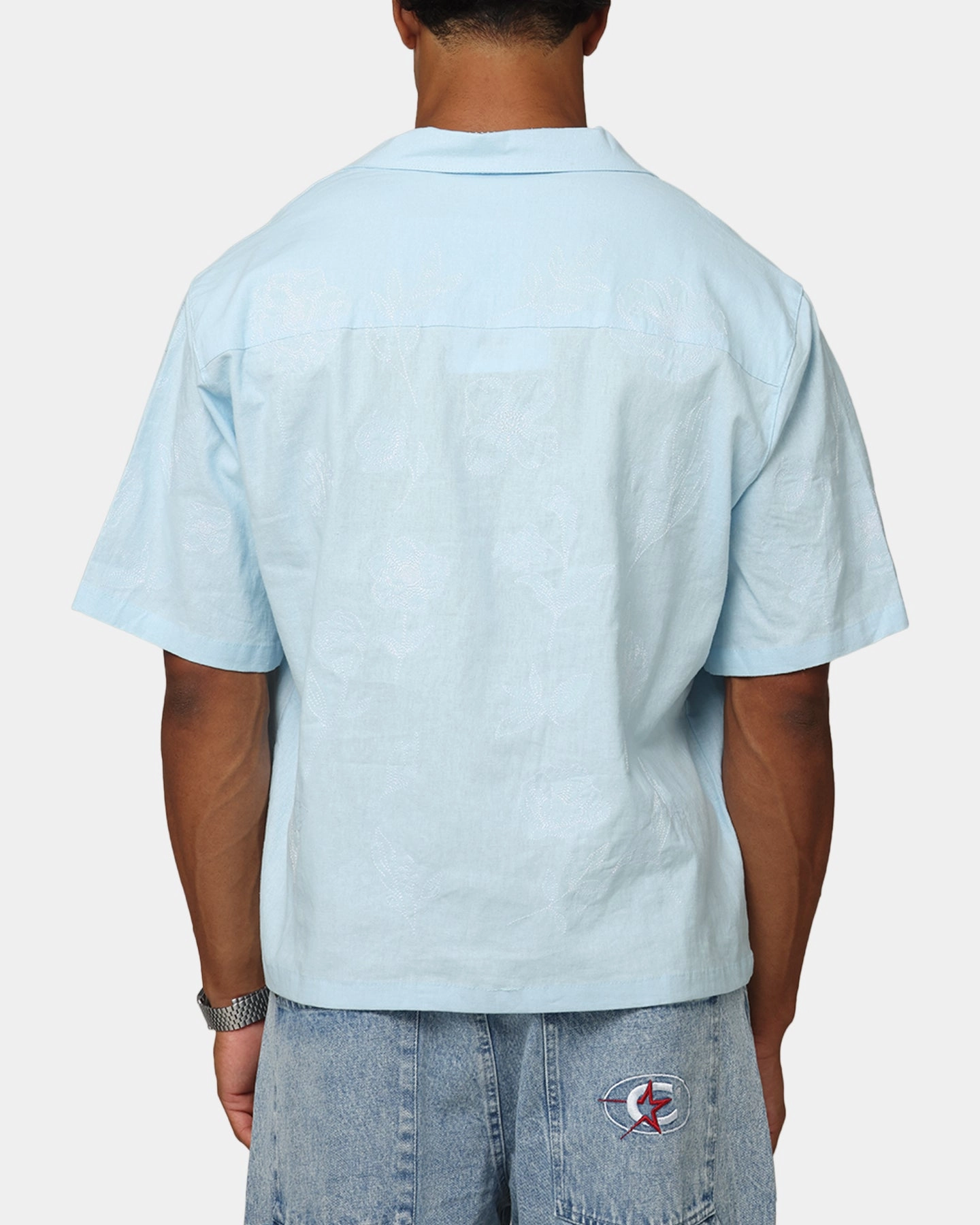 Warm Layer Carre Posy Button Up Shirt Light Blue/White