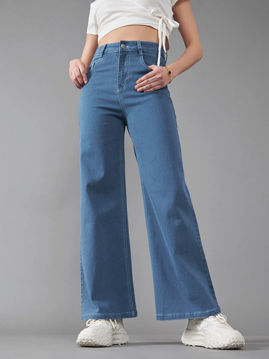 24/7 Comfort Blue Wide-Leg High-Rise Midly-Distressed Stretchable Denim Jeans Sustainable Beach Day