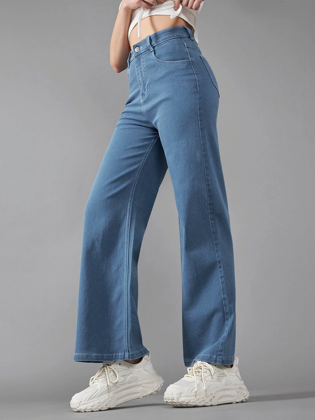 24/7 Comfort Blue Wide-Leg High-Rise Midly-Distressed Stretchable Denim Jeans Streetwear Fan Family Style Smooth Road Trip