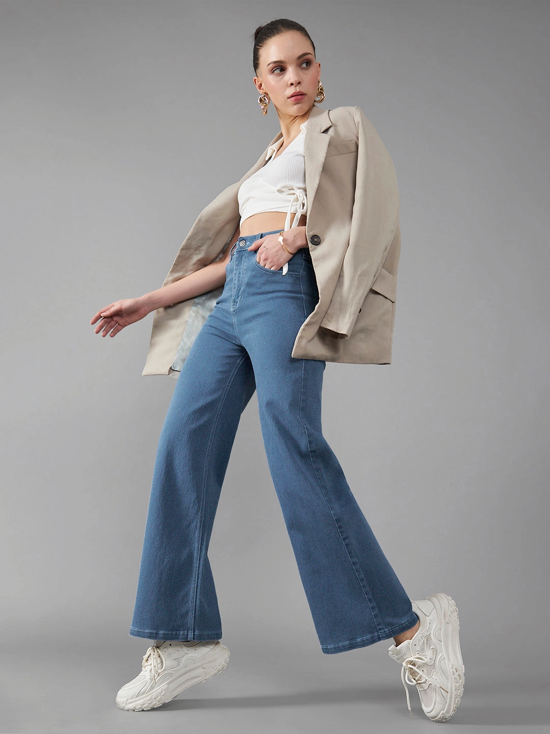 24/7 Comfort Blue Wide-Leg High-Rise Midly-Distressed Stretchable Denim Jeans Clean Piece