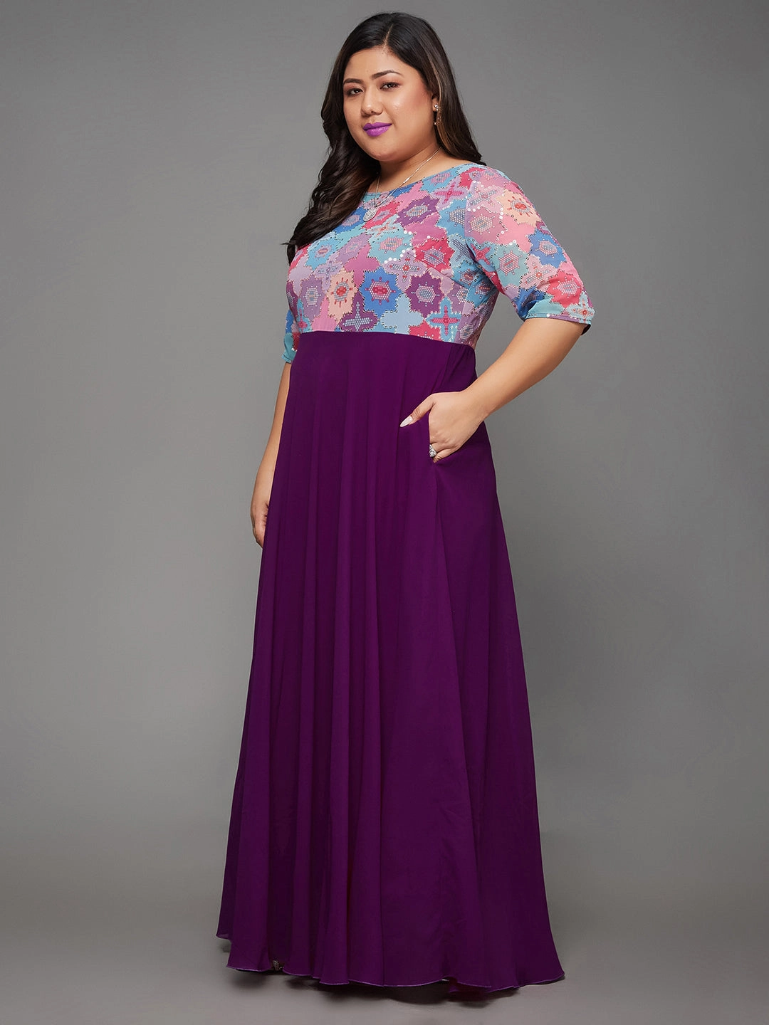 Body Bliss Multicolored-Base-Dark Purple Fit & Flare Georgette Maxi Dress Soft Composition