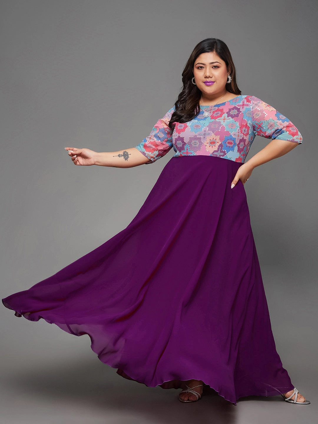 Modern Fit Body Bliss Multicolored-Base-Dark Purple Fit & Flare Georgette Maxi Dress