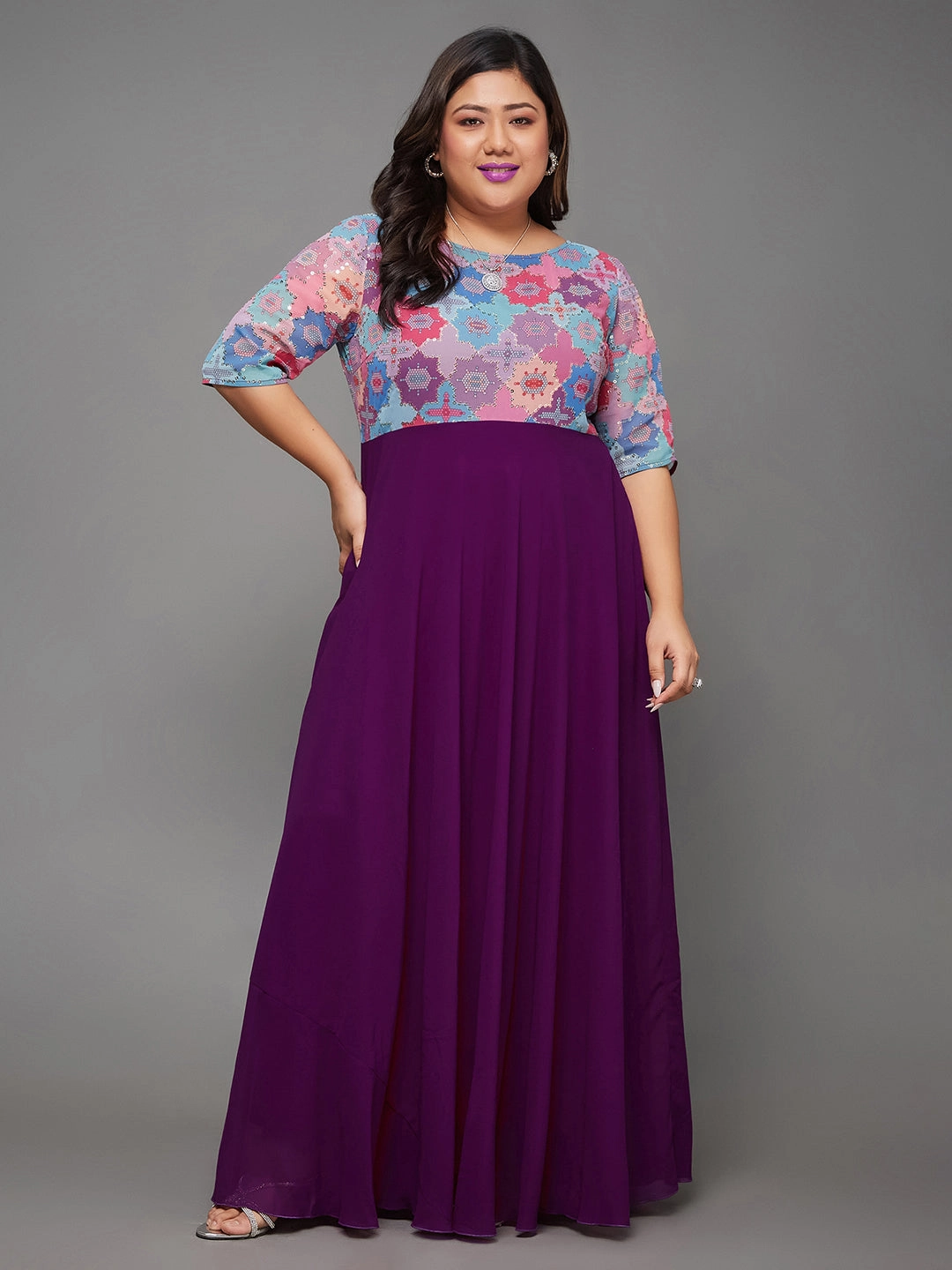 Body Bliss Multicolored-Base-Dark Purple Fit & Flare Georgette Maxi Dress Textured Surface Comfortable casual dress