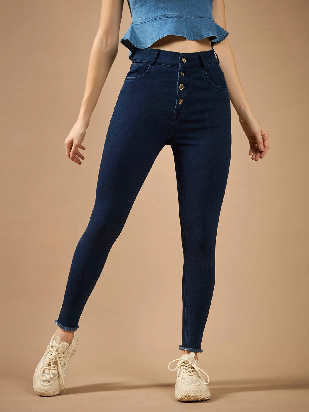 Women's Navy-Blue Skinny High-Rise Clean-Look Solid Fringed Hemline Cropped Stretchable Denim Jeans Polished Look