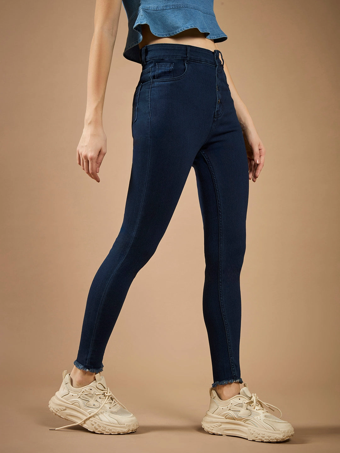 Sleek Comfort Soft Core Women's Navy-Blue Skinny High-Rise Clean-Look Solid Fringed Hemline Cropped Stretchable Denim Jeans