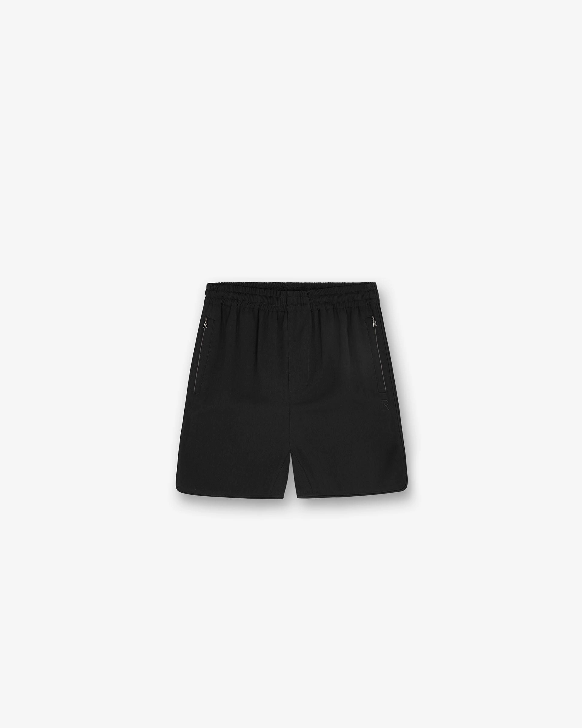 Piped Track Short - Jet Black Cotton Blend Microfiber Blend Fabric