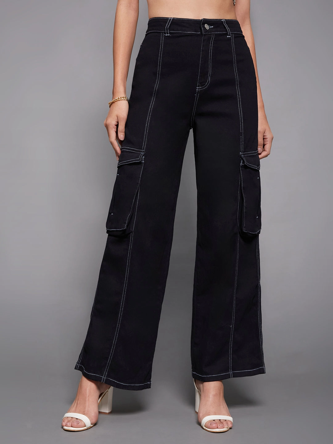 24/7 Comfort Black Wide-Leg High-Rise Stretchable Cargo Pockets Denim Jeans Base Outfit Timeless Match