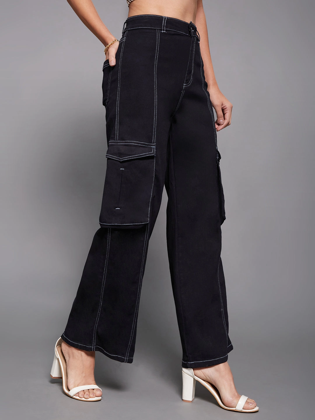 24/7 Comfort Black Wide-Leg High-Rise Stretchable Cargo Pockets Denim Jeans Durable Eco Friendly Daily Attire