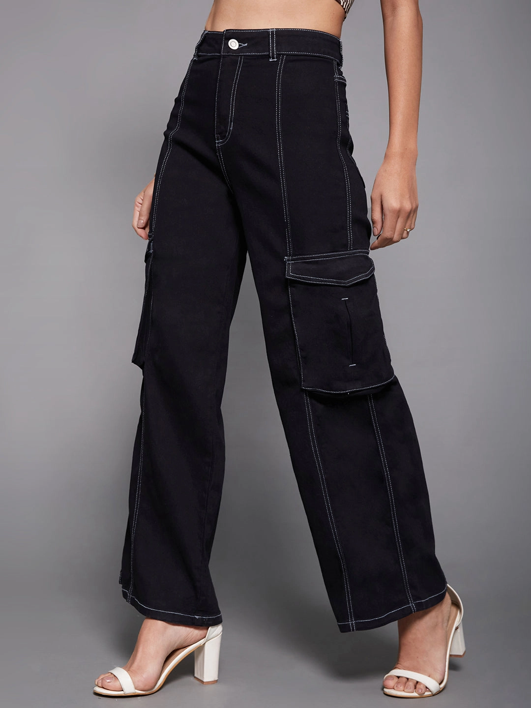 24/7 Comfort Black Wide-Leg High-Rise Stretchable Cargo Pockets Denim Jeans Leisure Wear