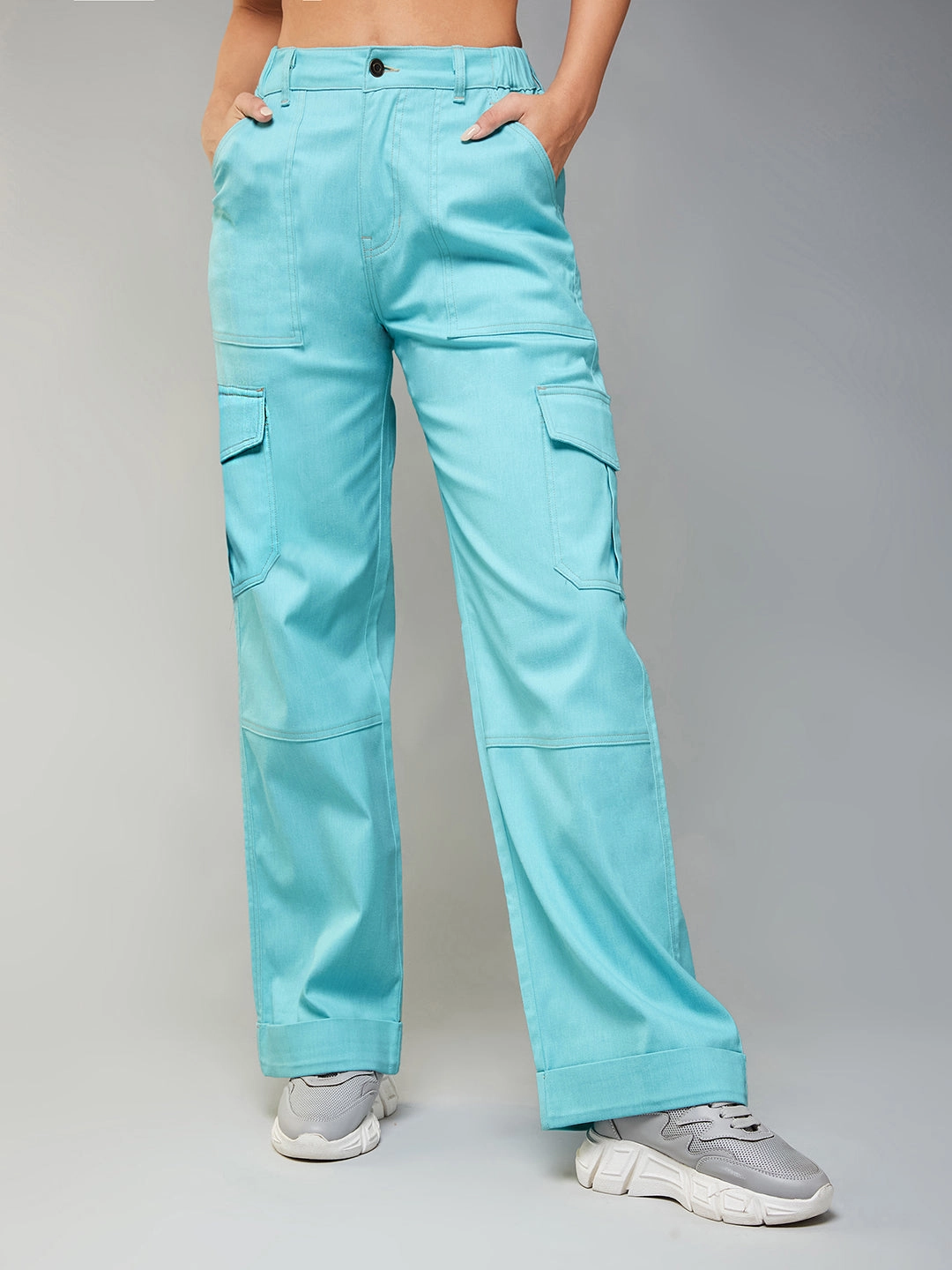 Women's Turquoise Wide-Leg High-Rise Regular-Length Stretchable Denim Cargo Pants Street Style