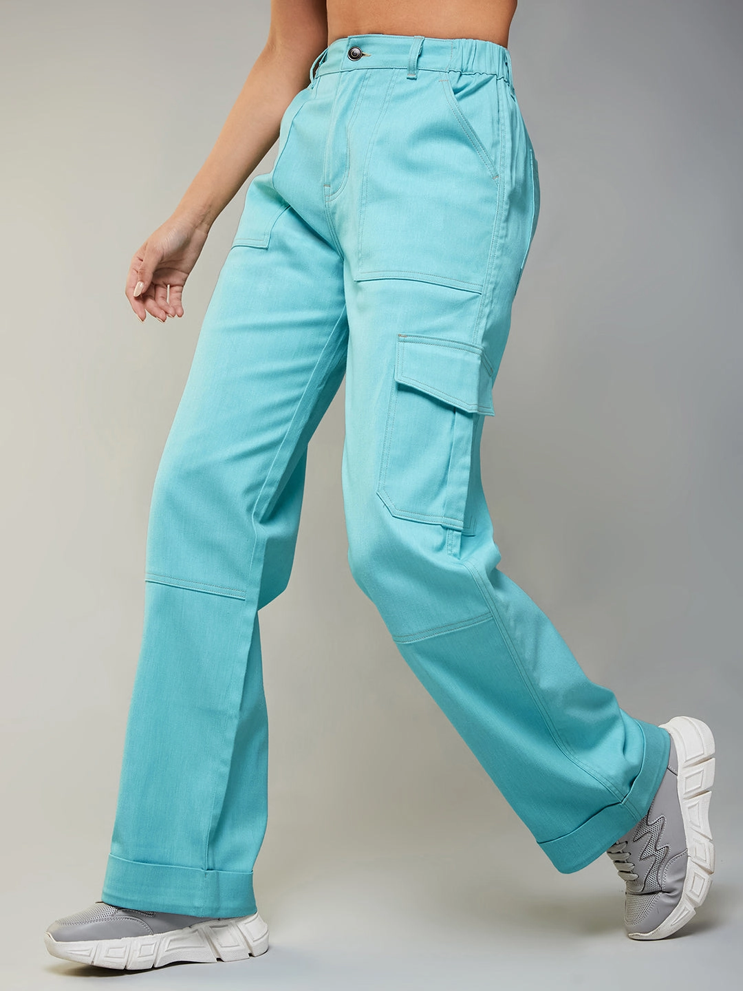 Durable Activewear Women's Turquoise Wide-Leg High-Rise Regular-Length Stretchable Denim Cargo Pants