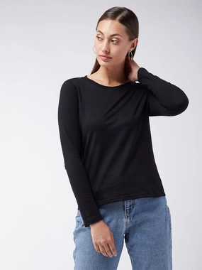 Women's Black Round Neck Full Sleeves Solid Basic Top Non Chafing Side Seams Contemporary Cut