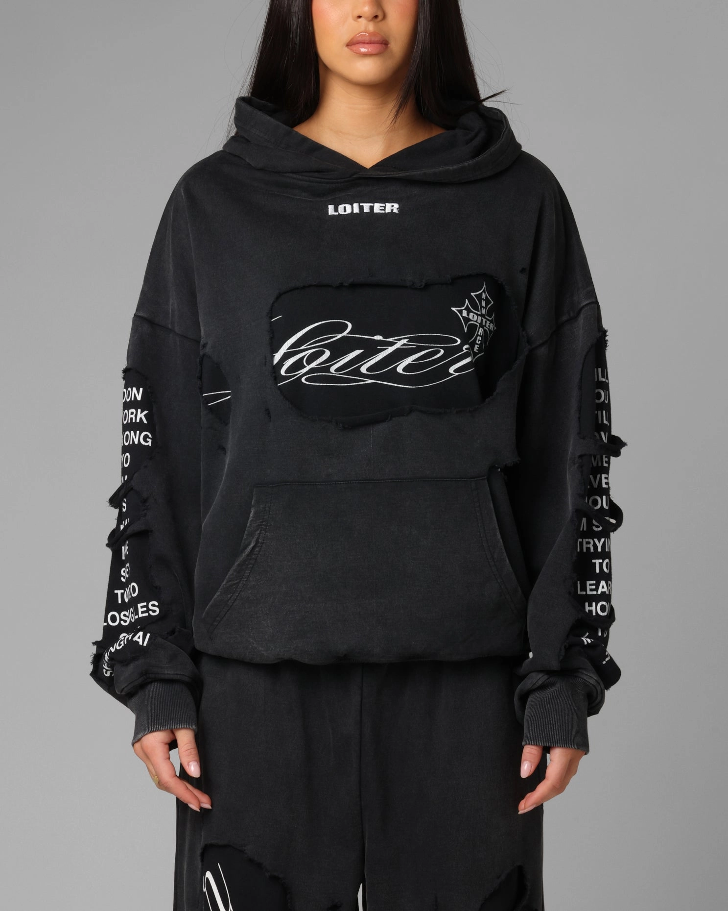 Loiter Destruction Hoodie Black Durable Weave Flatlock Seam Technology