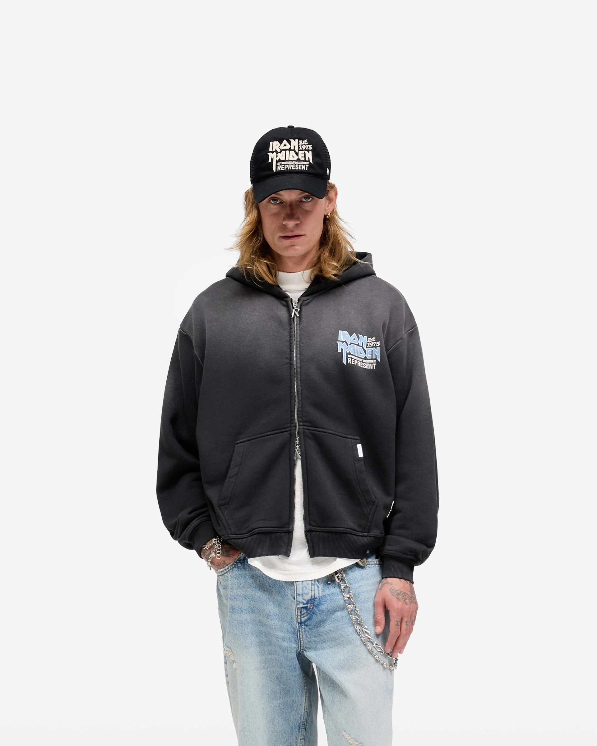Urban appeal Sporty Flex Fit Represent X Iron Maiden Anniversary Zip Through Hoodie - Stained Black