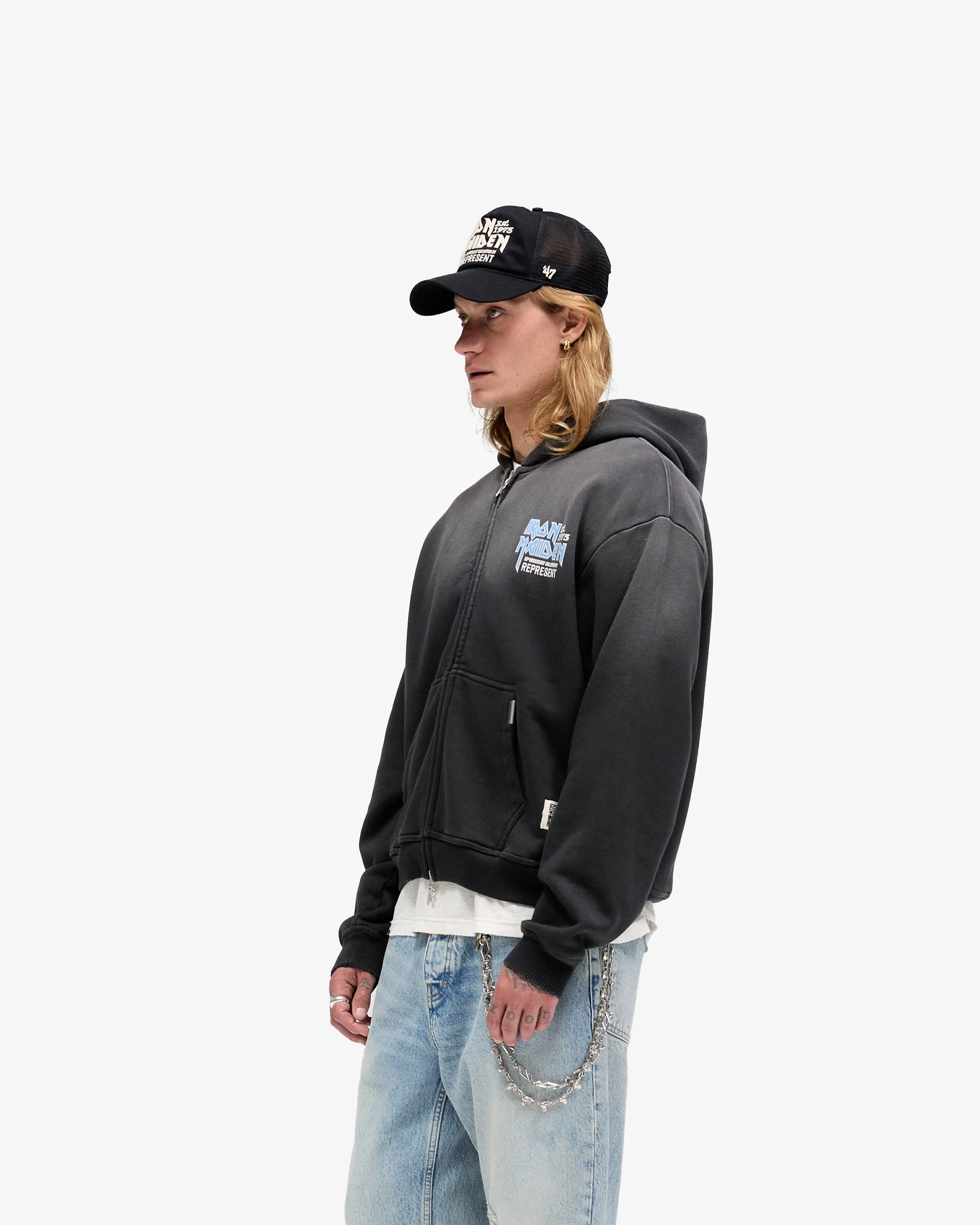 Breathable Fit Represent X Iron Maiden Anniversary Zip Through Hoodie - Stained Black