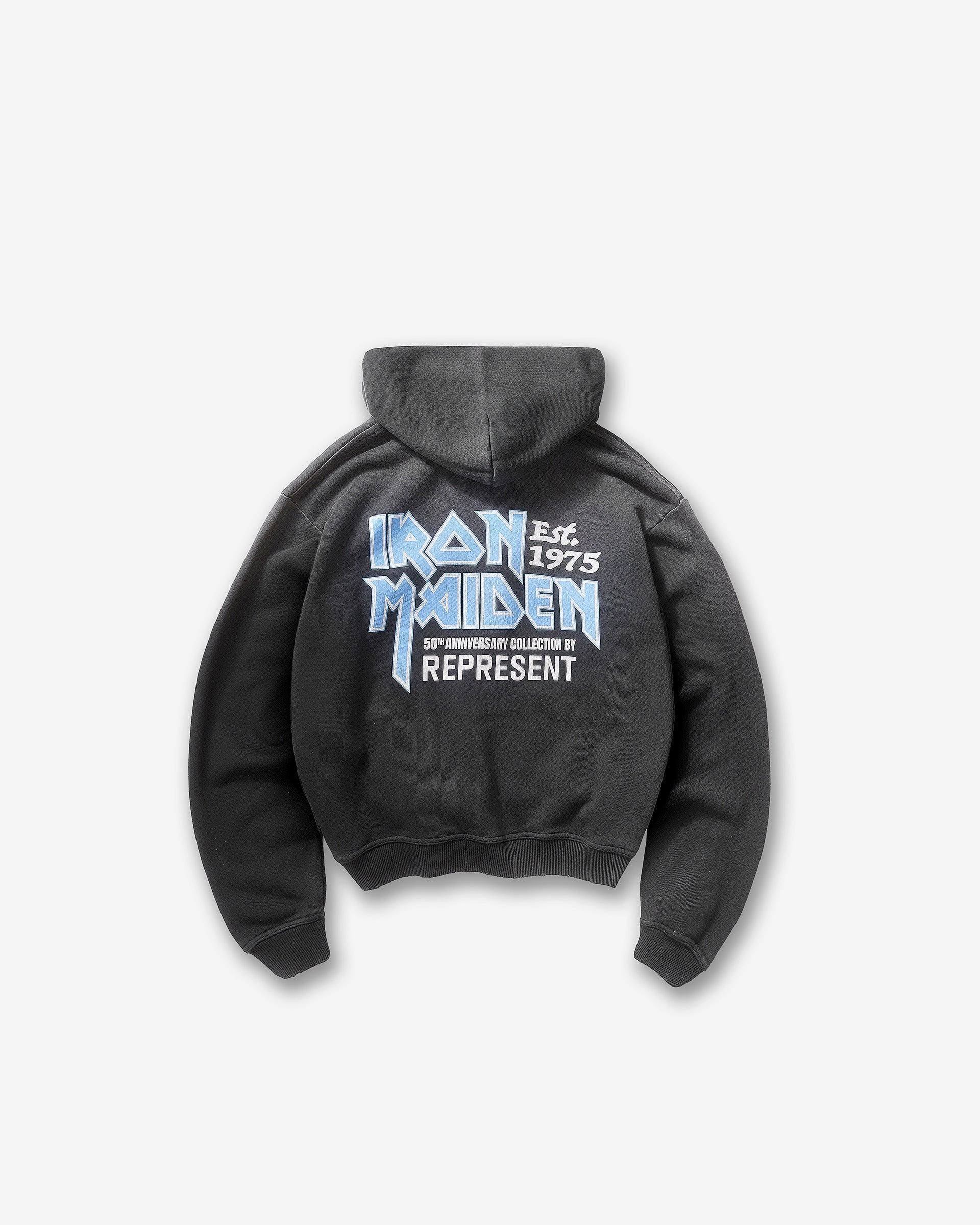 Represent X Iron Maiden Anniversary Zip Through Hoodie - Stained Black Warm Embrace Leisure Apparel