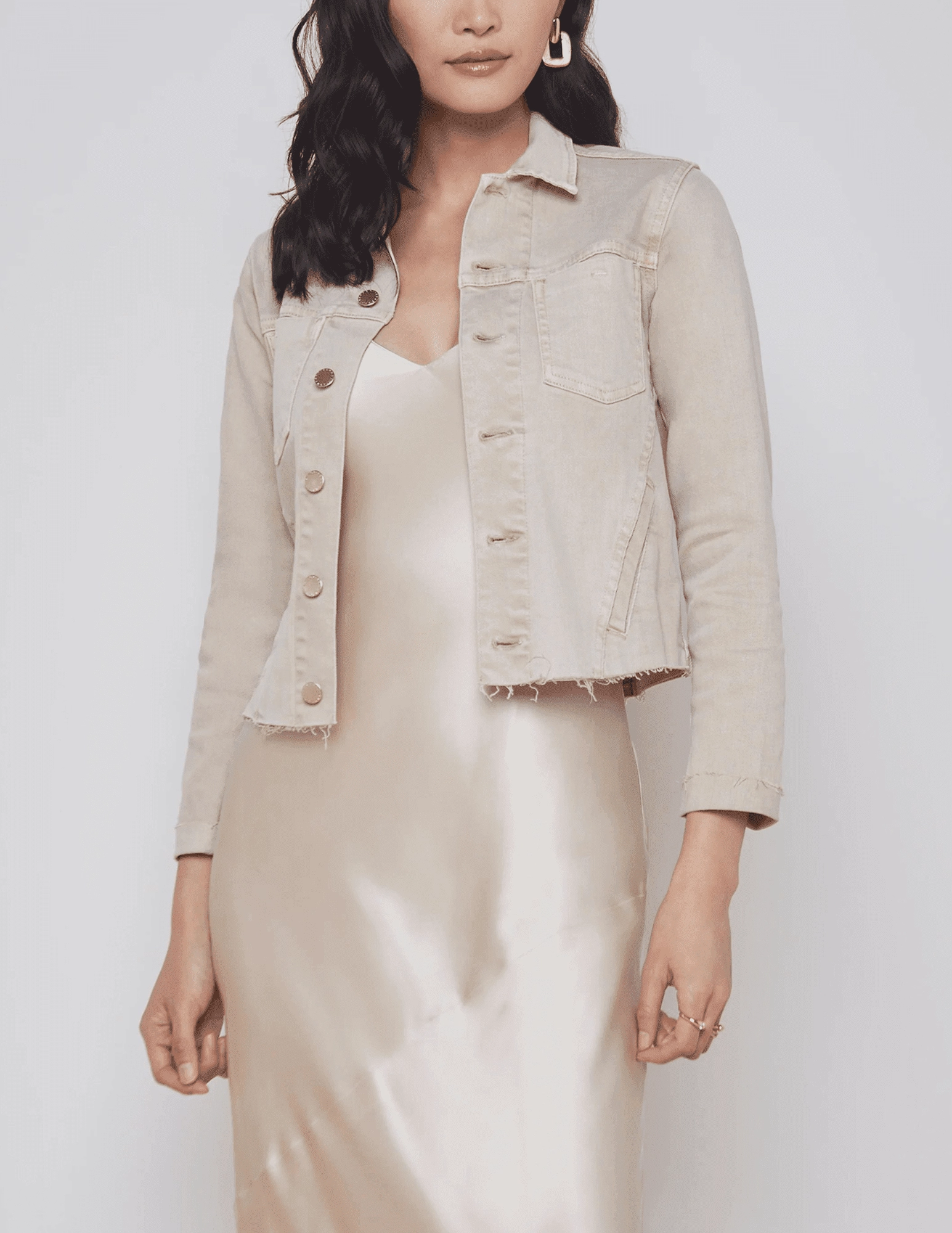 L'AGENCE Janelle Slim Denim Jacket in Biscuit Waterproof Material Survival Use