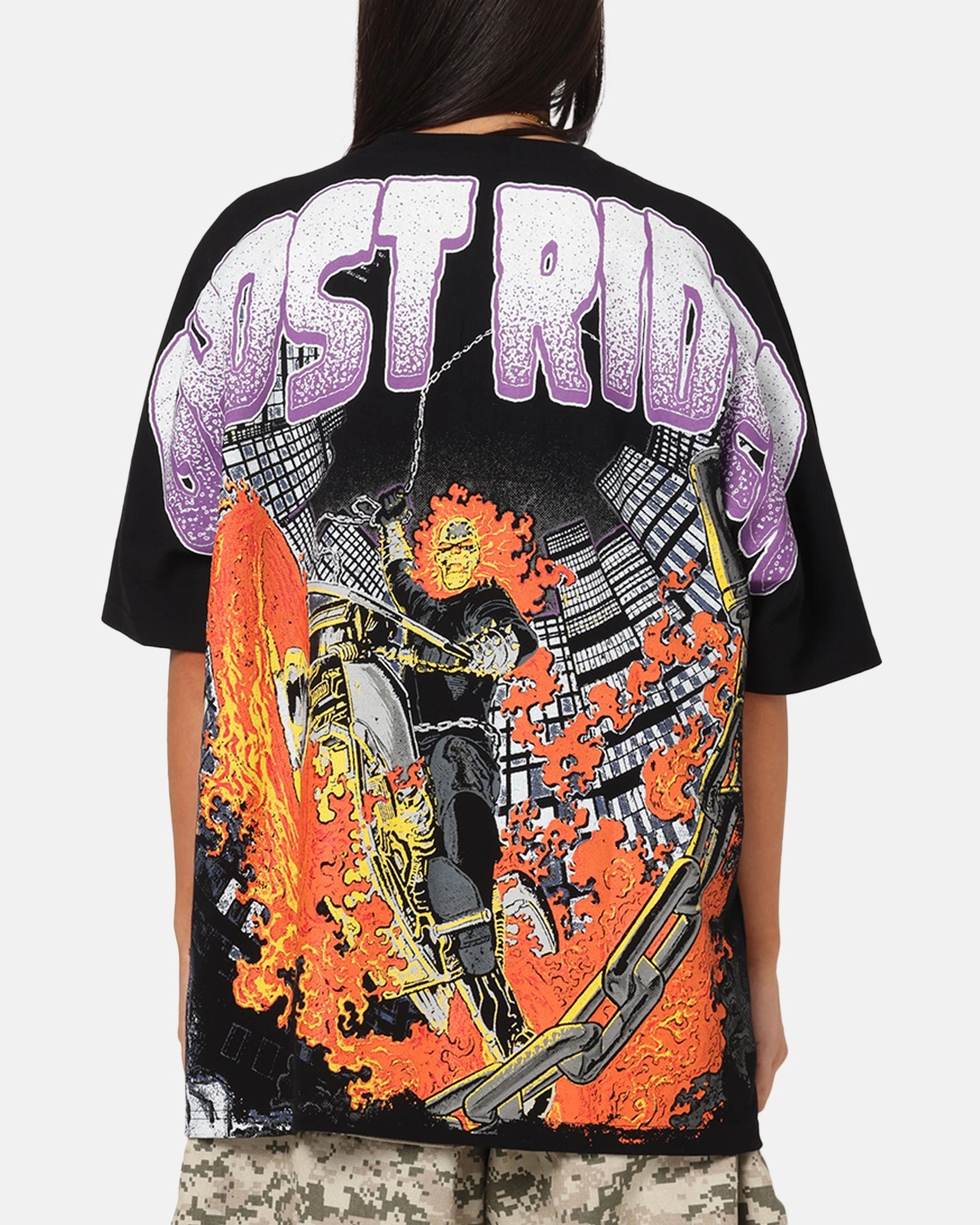Double Needle Hemming American Thrift Marvel Ghost Rider All Over Print T-Shirt Black