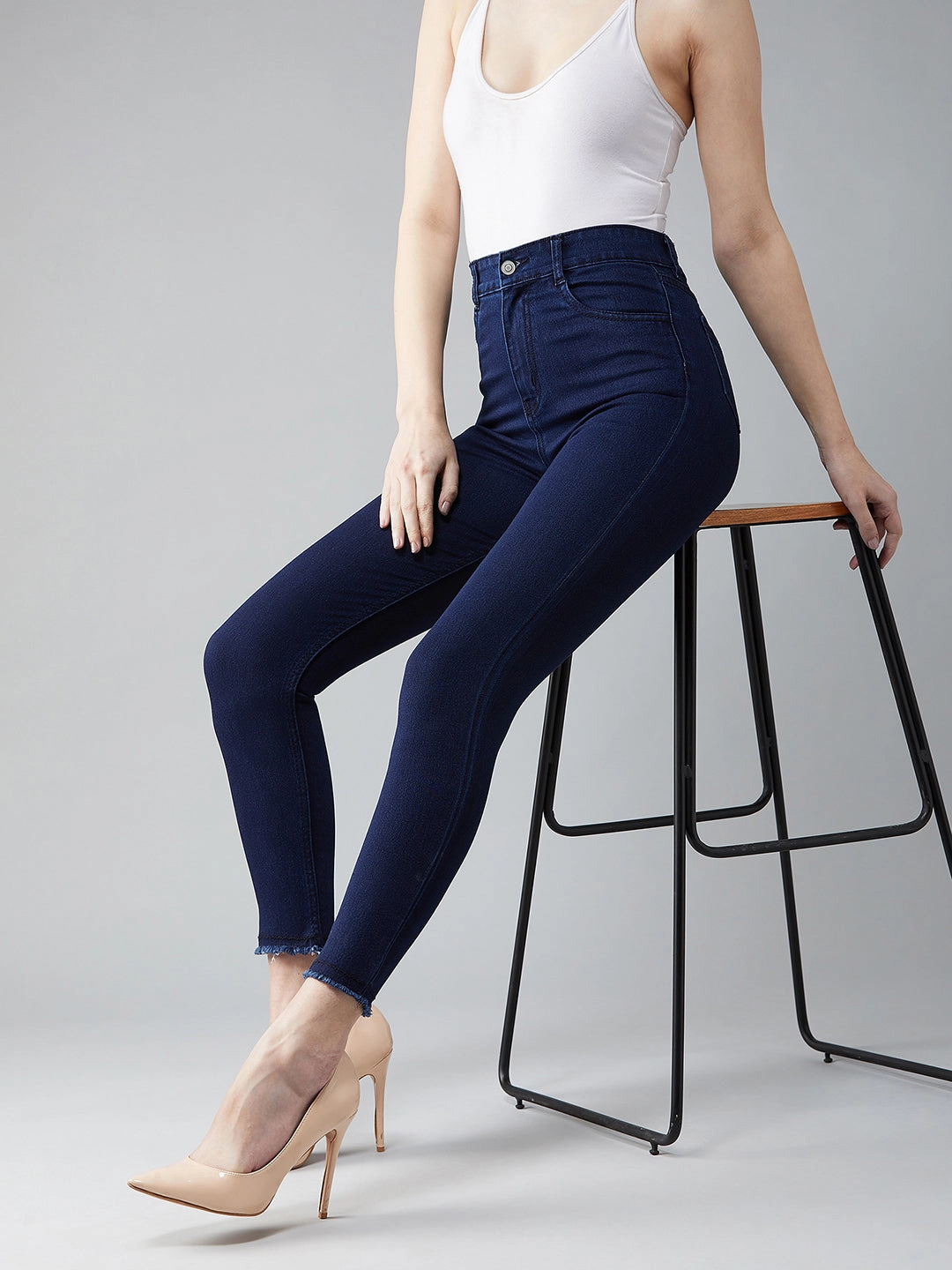 24/7 Comfort Navy-Blue Skinny High-Rise Solid Cropped Fringed Hemline Stretchable Denim Jeans Ever Versatile Travel Outfit Casual Stretch