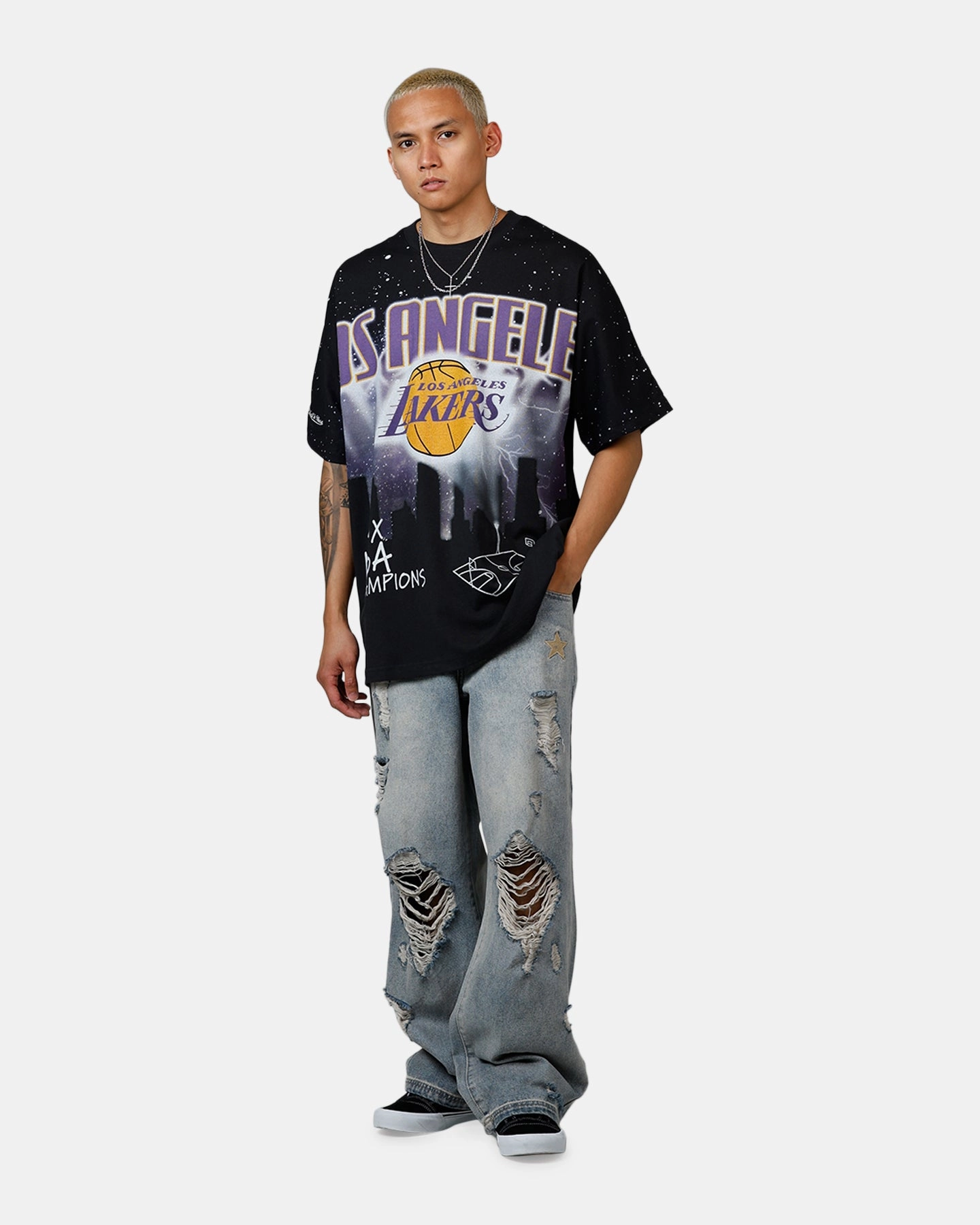 Mitchell & Ness Los Angeles Lakers Skyline T-Shirt Faded Black Circular Knit Technique