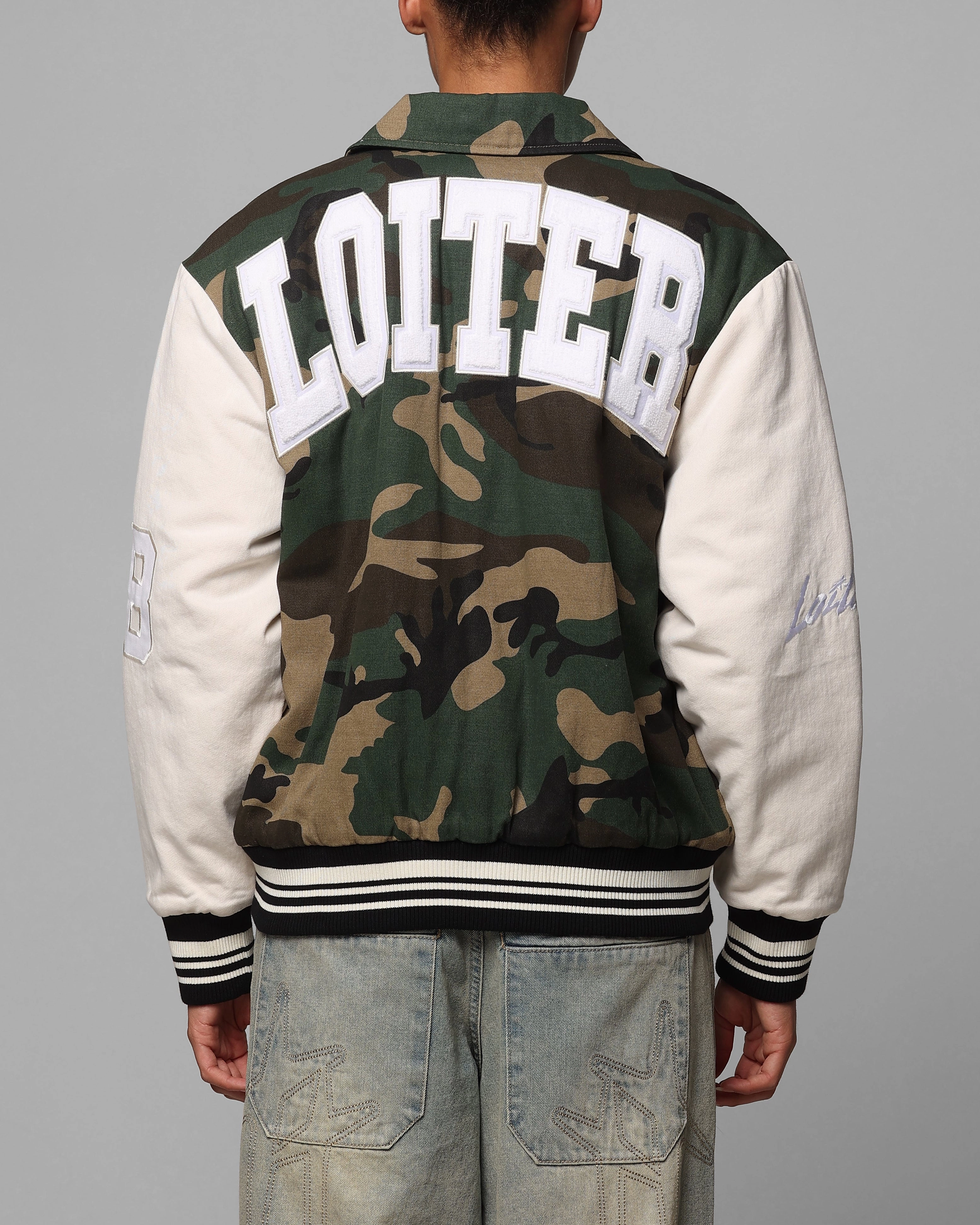 Reflective details Chill Commute Fit Loiter Star Child Varsity Jacket Woodland Camo