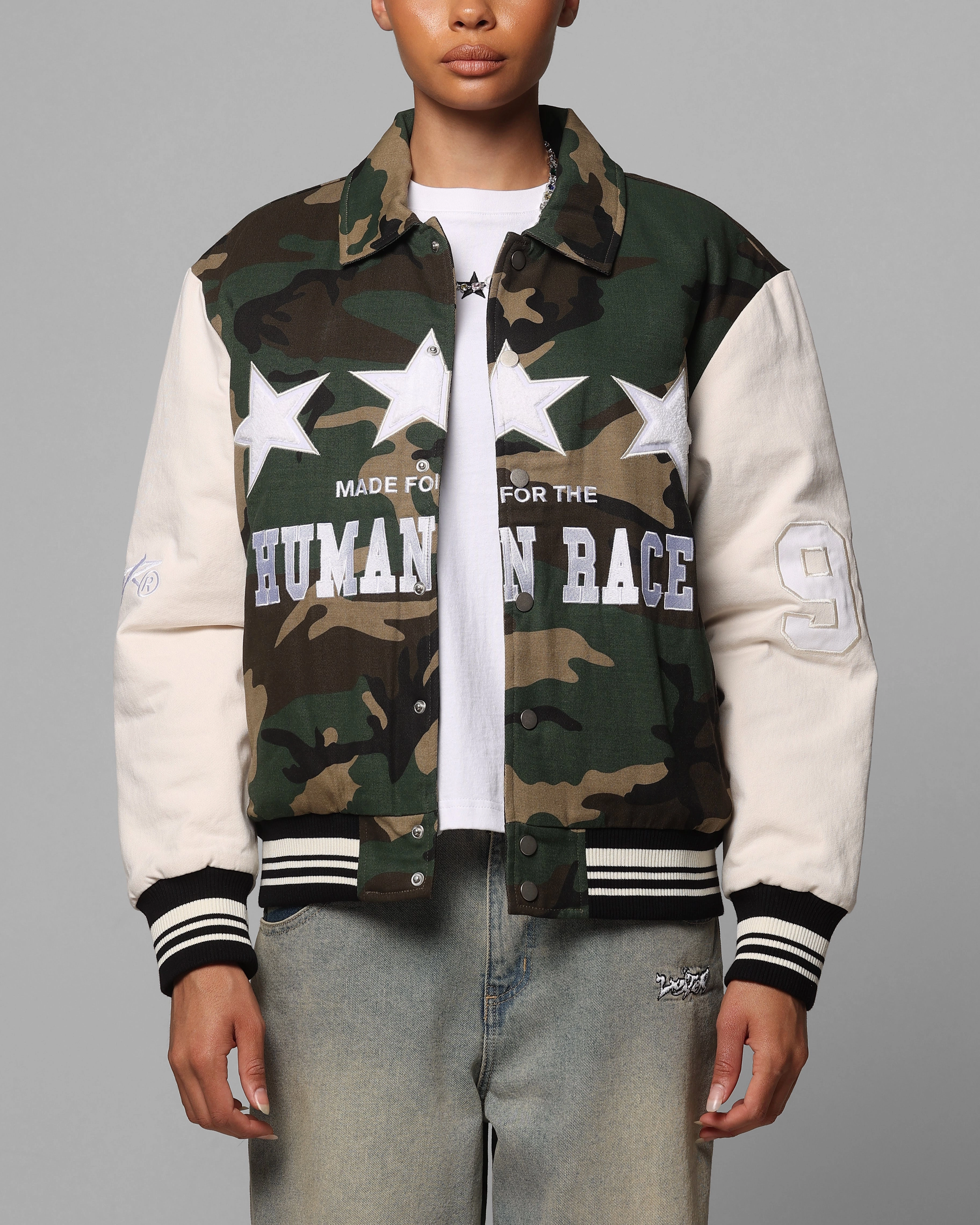 Loiter Star Child Varsity Jacket Woodland Camo Mesh Ventilation Panels