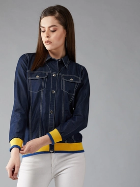 Women's Navy Polo Neck Full Sleeve Solid Bomber Regular Jacket Odor Resistant Coating