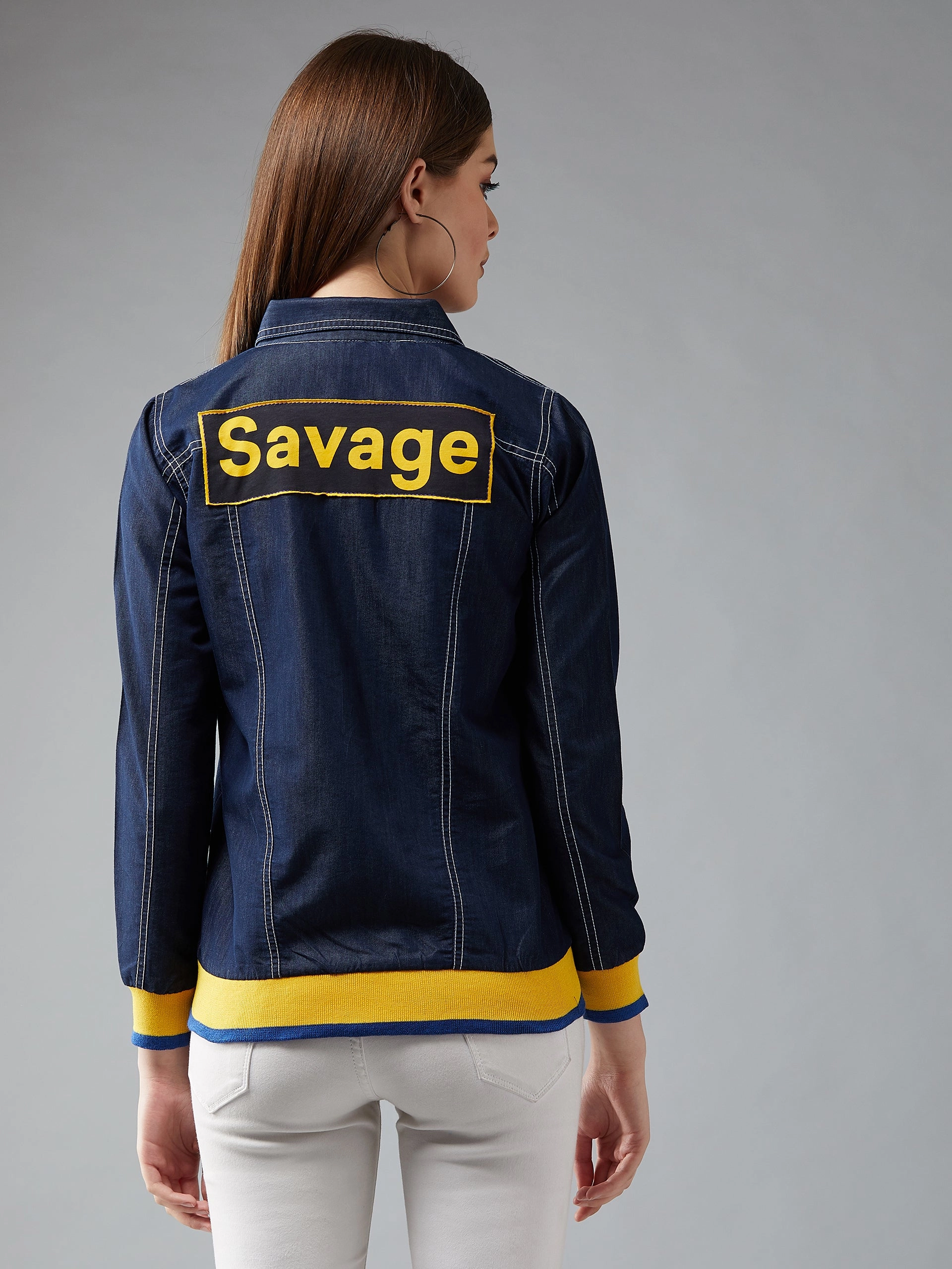 Women's Navy Polo Neck Full Sleeve Solid Bomber Regular Jacket Noise Reduced Fastener System Quick Dry Material