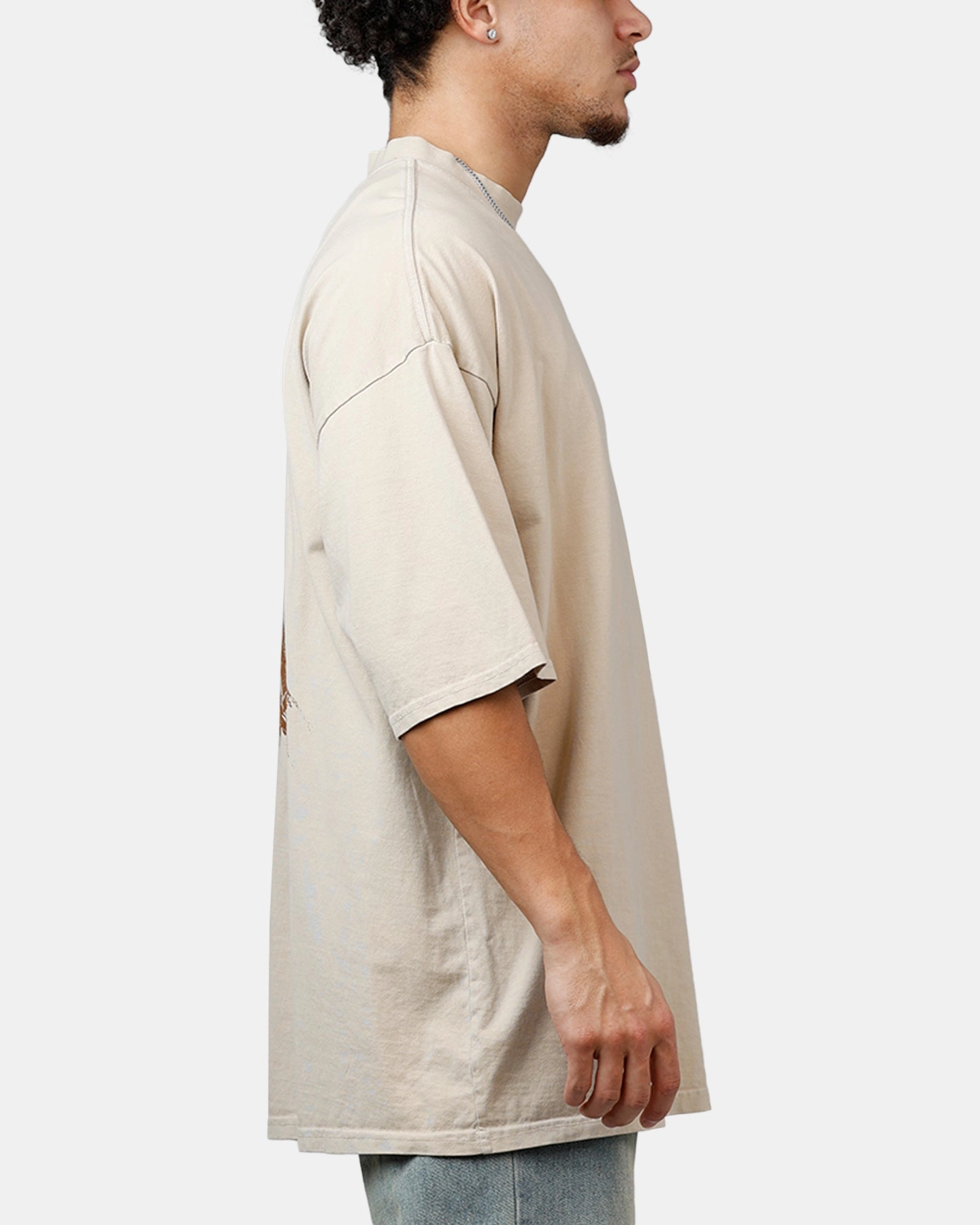 NonRestrictive High Collar Design Saint Morta Pray For Me Mock Neck T-Shirt Stone