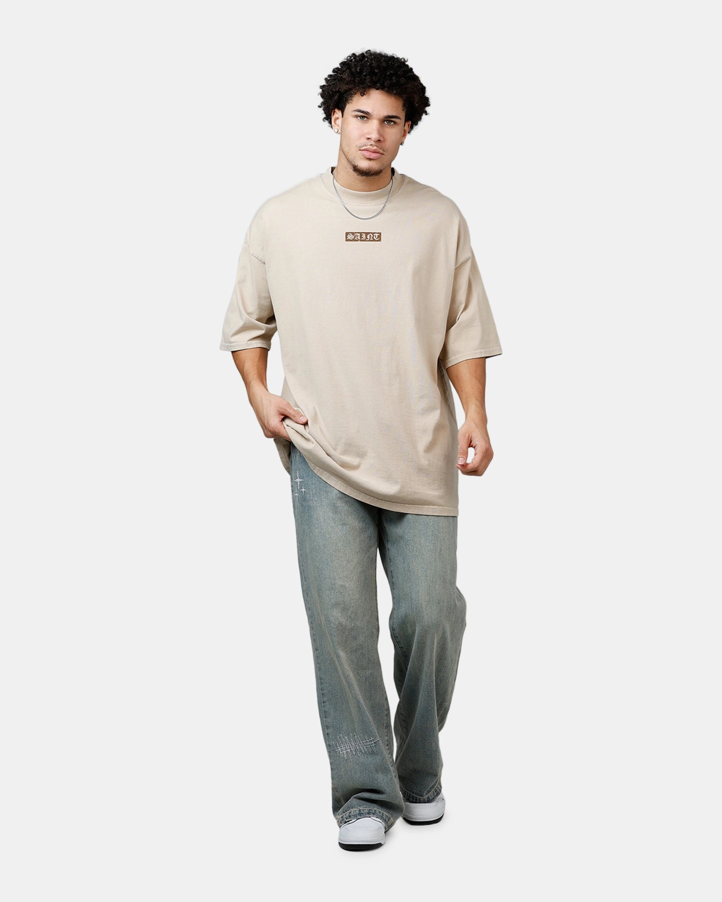 LowProfileSeams Saint Morta Pray For Me Mock Neck T-Shirt Stone