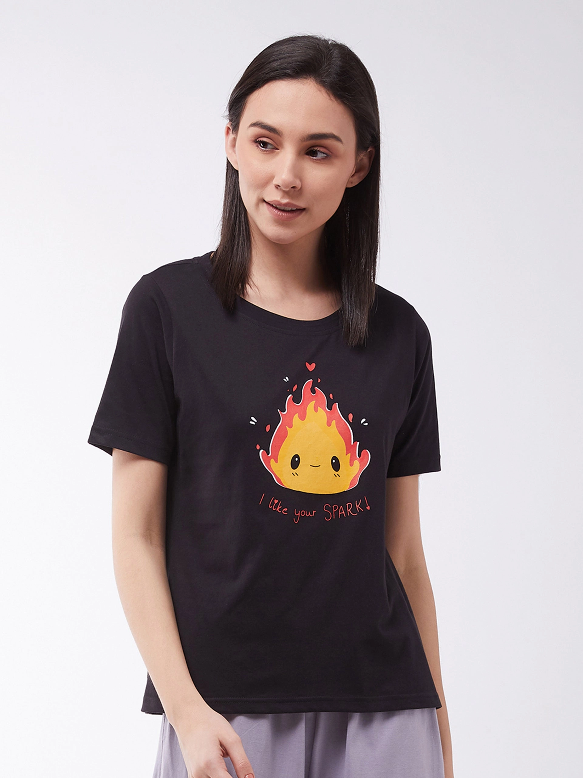 Contrast Stitch Women's Black Cotton Solid  Regular Length Round Neck Short Sleeves Loungewear T-shirt