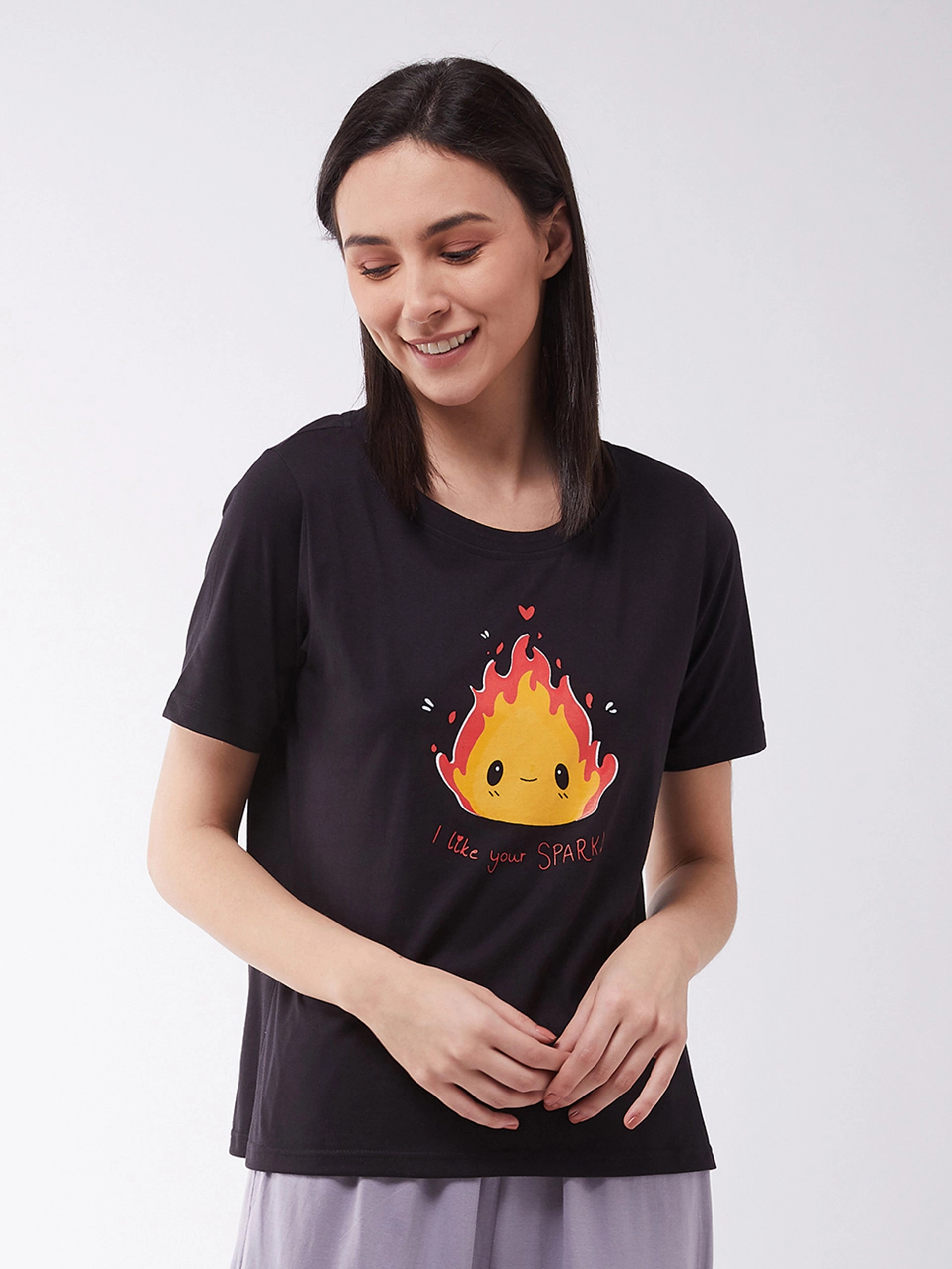 Buttonless Closure Women's Black Cotton Solid  Regular Length Round Neck Short Sleeves Loungewear T-shirt