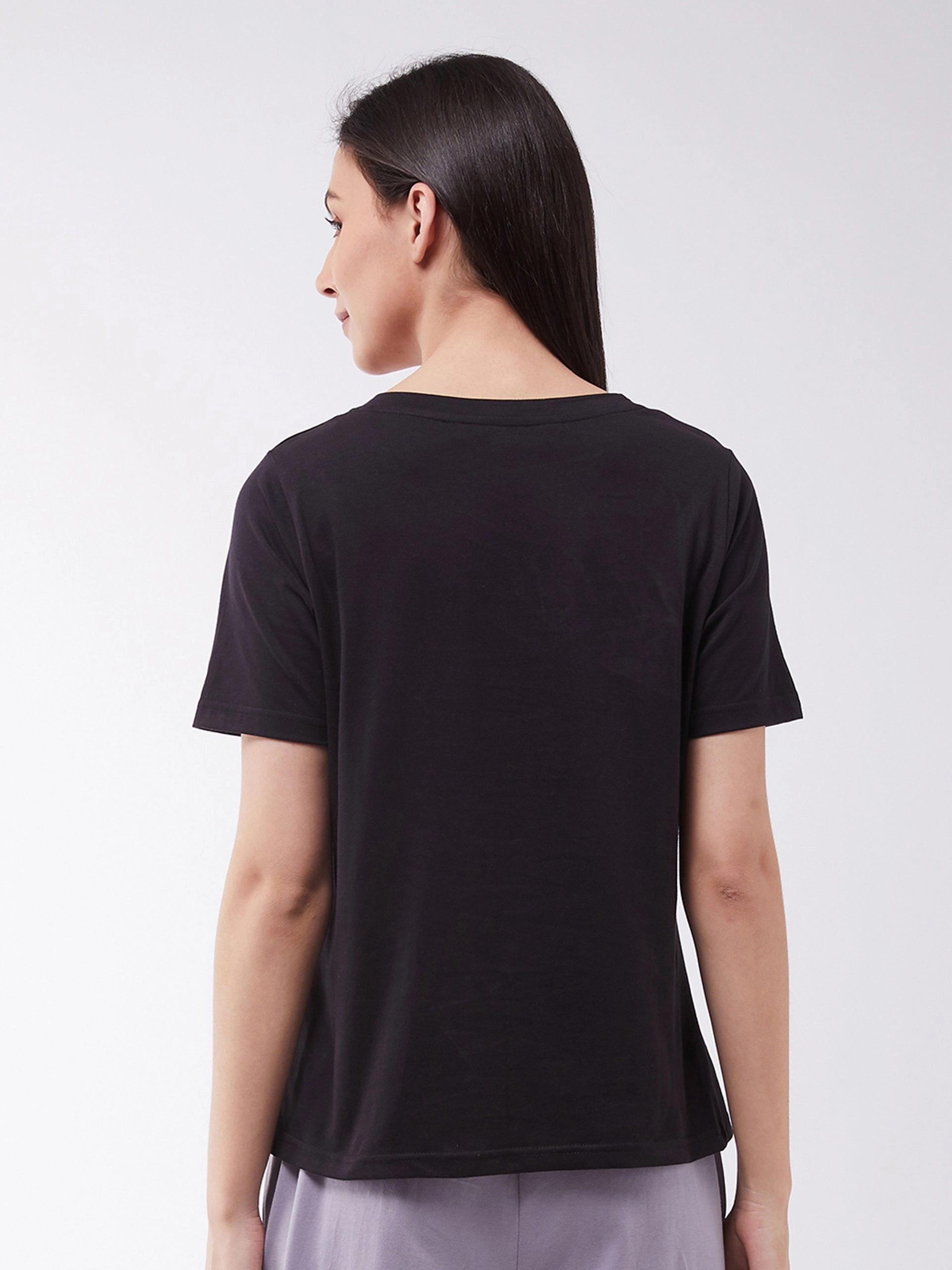 Compact Stitching Women's Black Cotton Solid  Regular Length Round Neck Short Sleeves Loungewear T-shirt