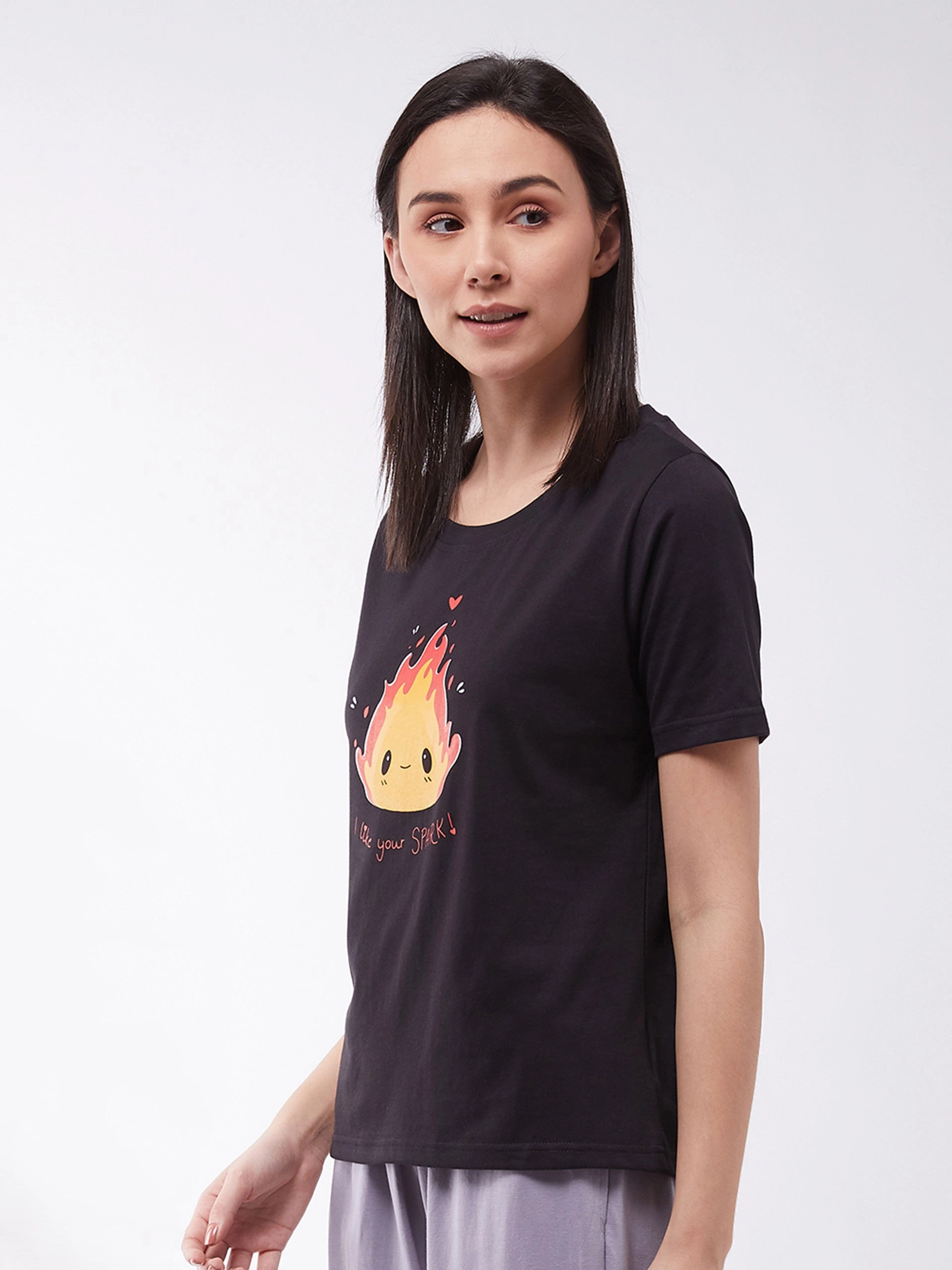 Ergonomic Pattern Design Women's Black Cotton Solid  Regular Length Round Neck Short Sleeves Loungewear T-shirt