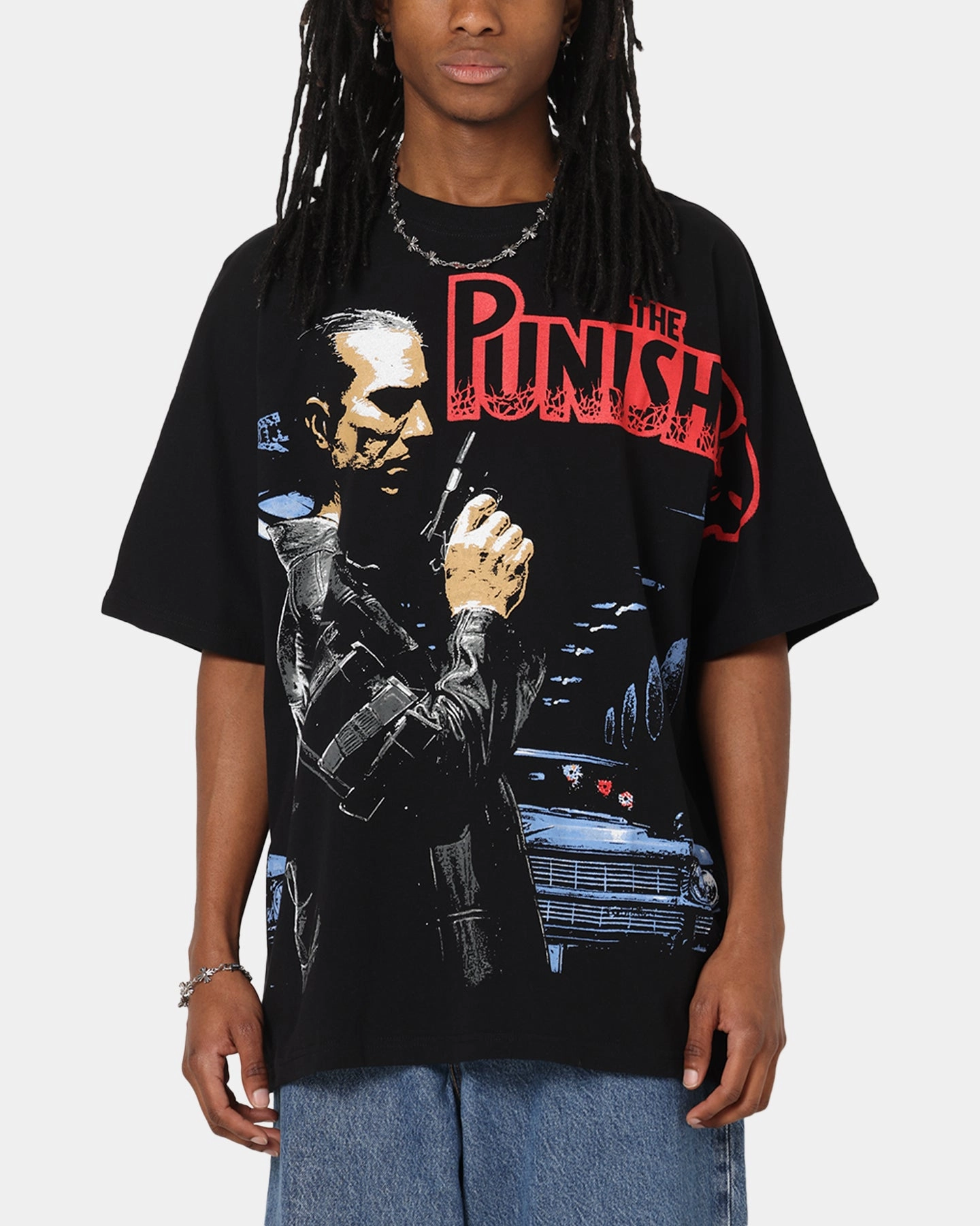 Yarn Dye Stripe American Thrift Marvel The Punisher All Over Print T-Shirt Black