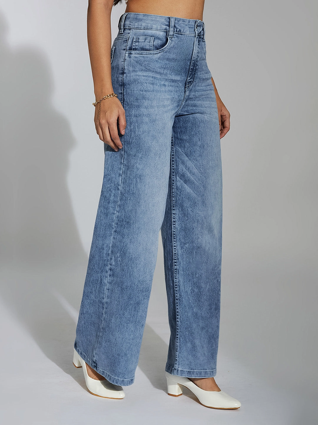 CHASEshape? Light-Blue Wide-Leg High-Rise Stretchable Denim Jeans Modern Youth Style Party Look Street Style