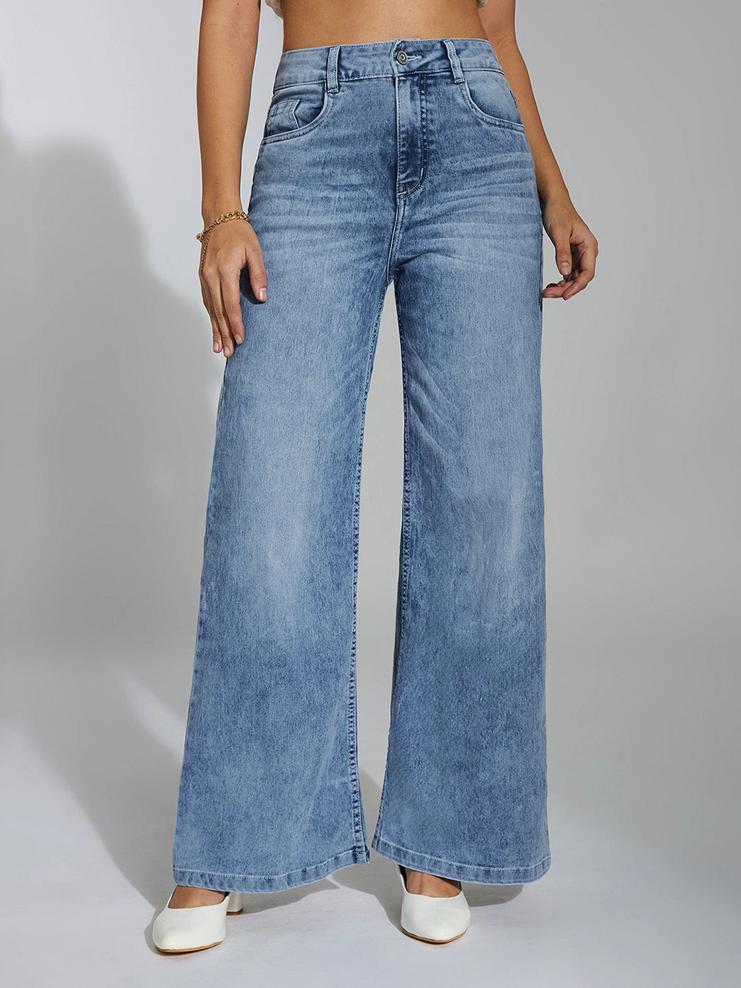 CHASEshape? Light-Blue Wide-Leg High-Rise Stretchable Denim Jeans Artist Vibe Work Meeting Casual