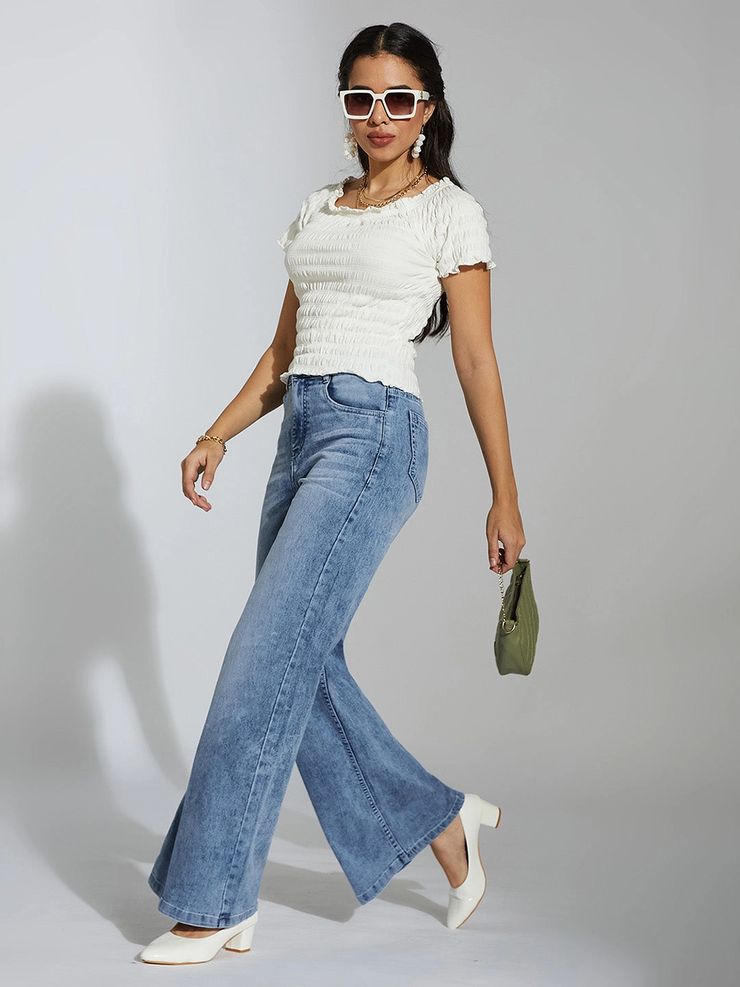 CHASEshape? Light-Blue Wide-Leg High-Rise Stretchable Denim Jeans Premium Elegant