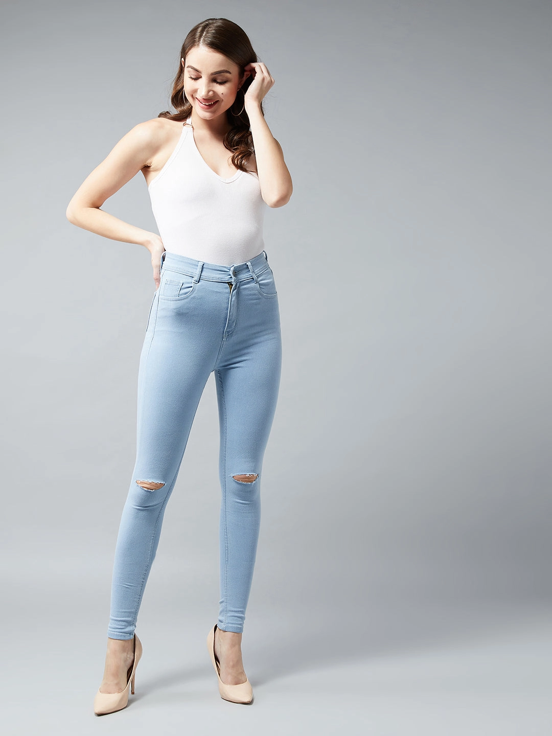 Women's Light Blue Skinny High-Rise Distressed Denim Jeans Garment Dyed Texture Office Wear Trendy Home Comfort