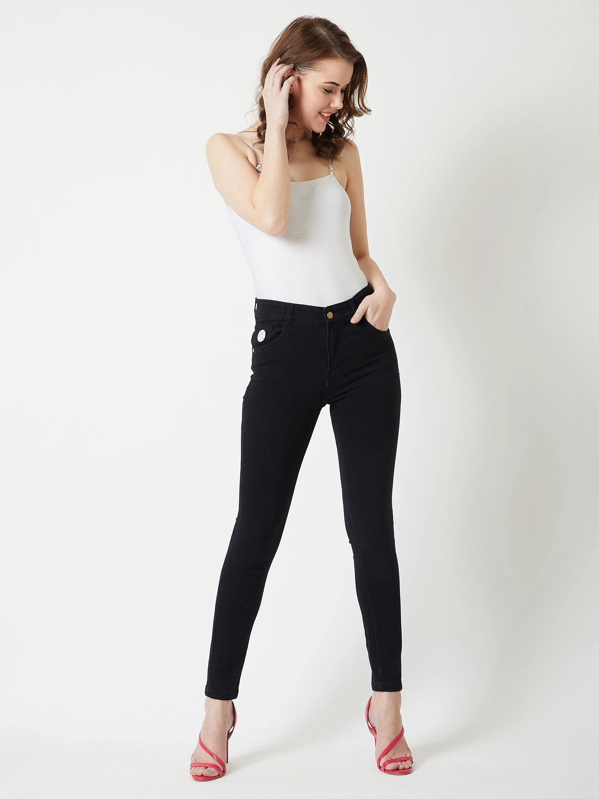 City Approved Softened Lining 24/7 Comfort Black Slim-Fit Embellished High-Rise Stretchable Denim Jeans