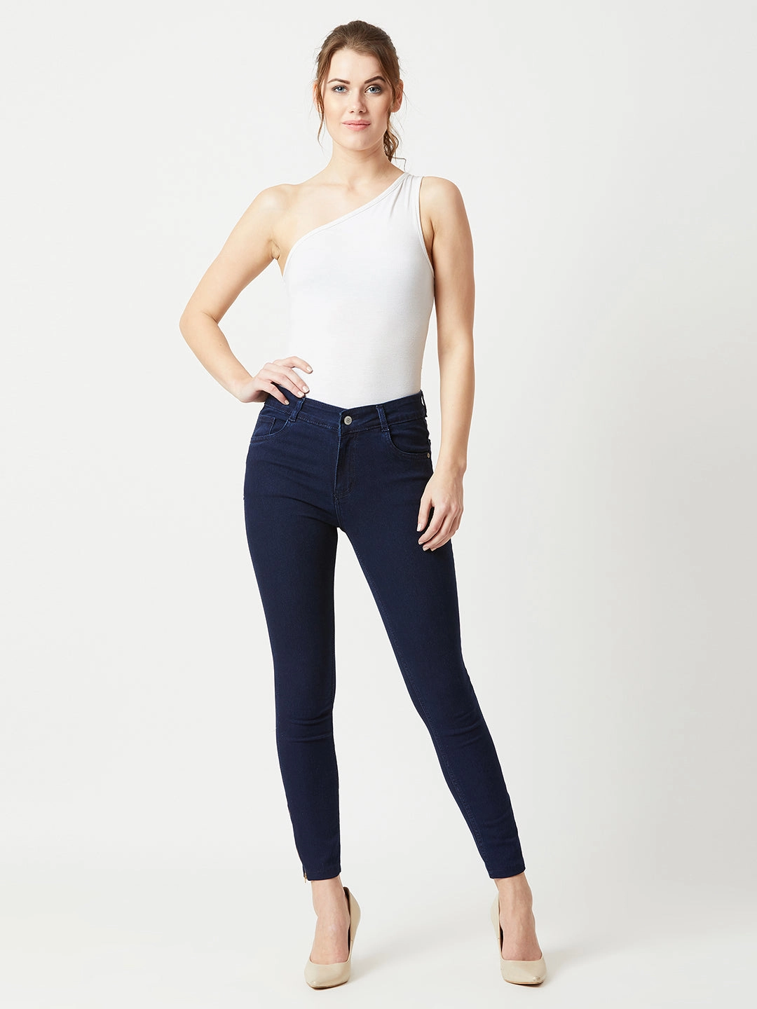 Relaxed Style Neutral Stylish Daily Wear Parent Style Women's Navy-Blue Skinny-Fit Mid-Rise Cropped-Length Zipper Detailing Stretchable Denim Jeans