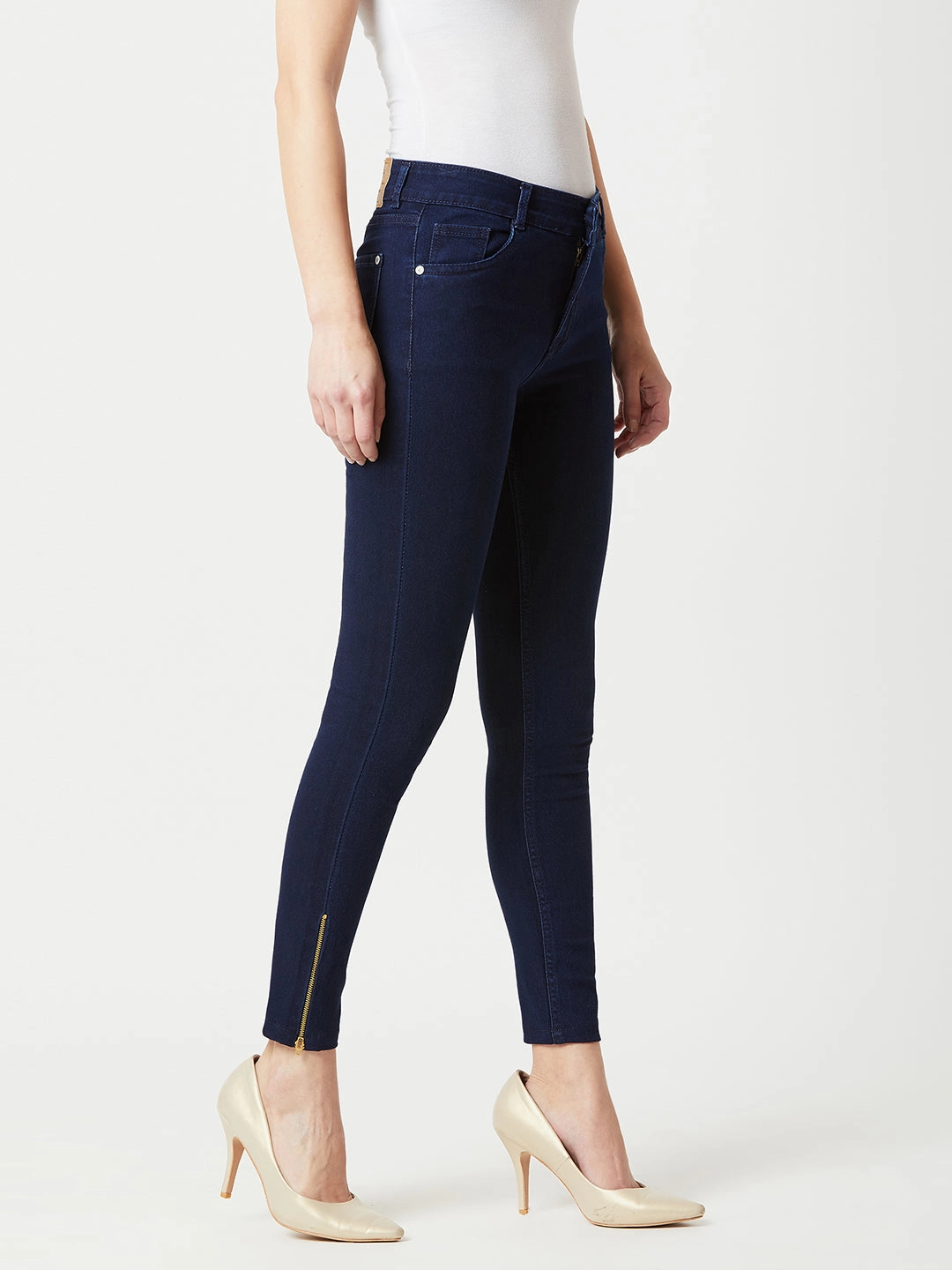 Festival Outfit Minimalist Style Women's Navy-Blue Skinny-Fit Mid-Rise Cropped-Length Zipper Detailing Stretchable Denim Jeans