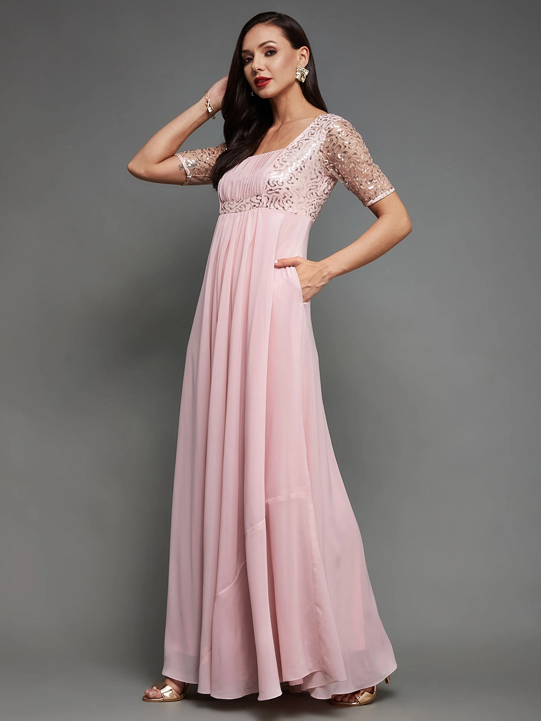 Women's Dusty Pink Square Neck Half Sleeve Solid Embellished Maxi Dress Easy Fit