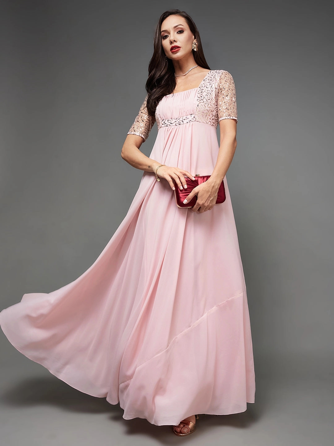 Easy Going Women's Dusty Pink Square Neck Half Sleeve Solid Embellished Maxi Dress