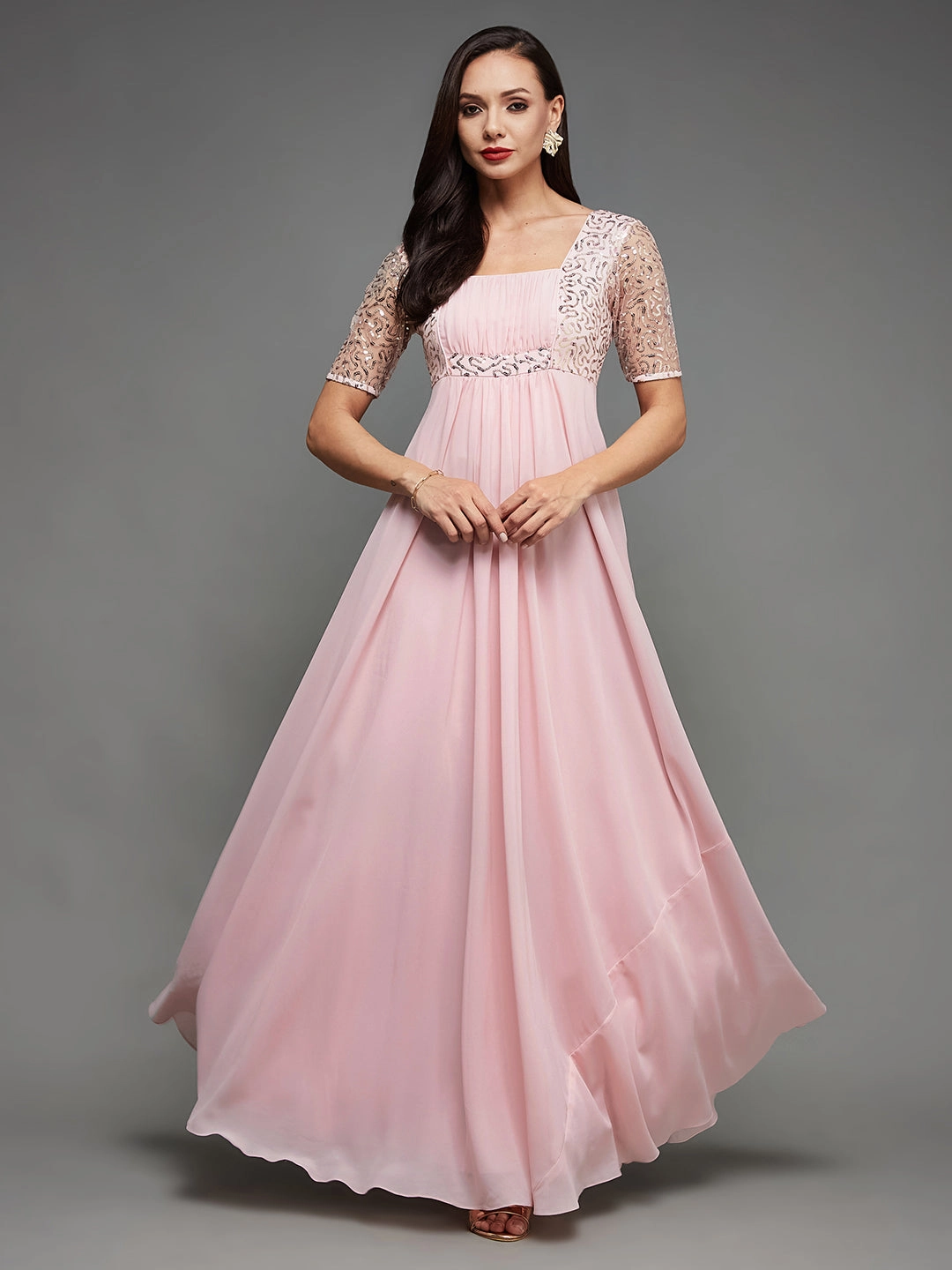 Edgy Look Women's Dusty Pink Square Neck Half Sleeve Solid Embellished Maxi Dress