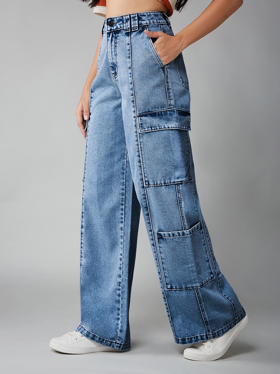 Women's Light Blue Wide-Leg High-Rise Regular Denim Pant Weekend Uniform All Around