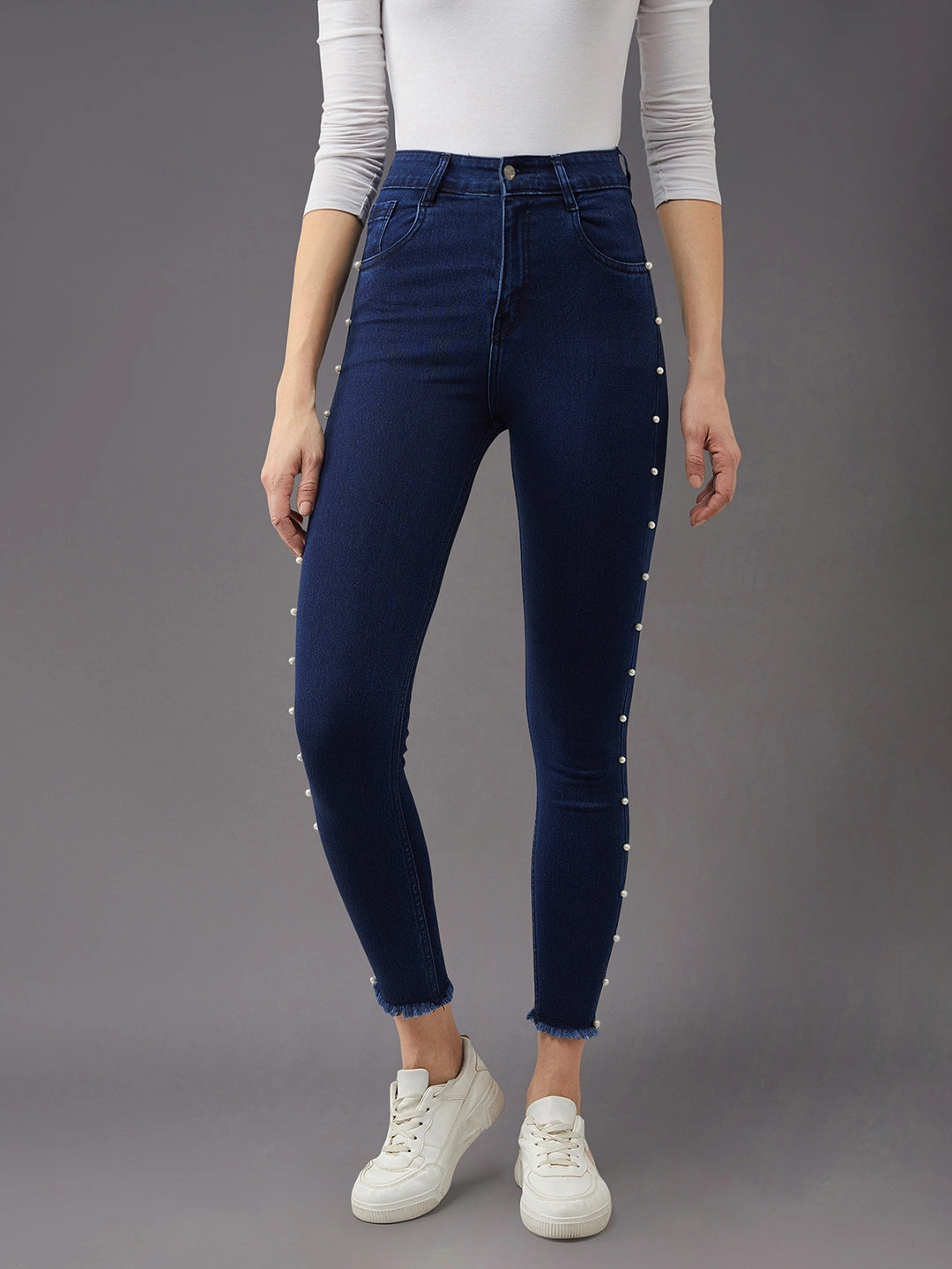 CHASEstretch? Women's Navy-Blue Cotton Skinny-Fit Cropped High-Rise Stretchable Denim Jeans Grab And Go