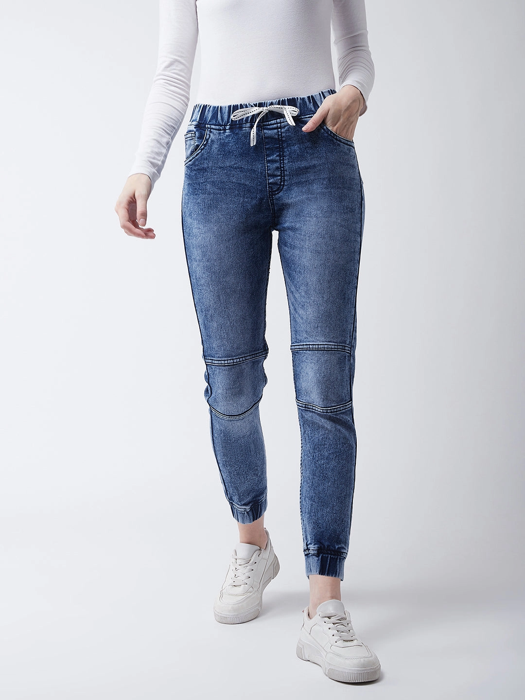 Women's Blue Relaxed Fit Mid Rise Regular Length Denim Stretchable Jogger Pants Flex Fit