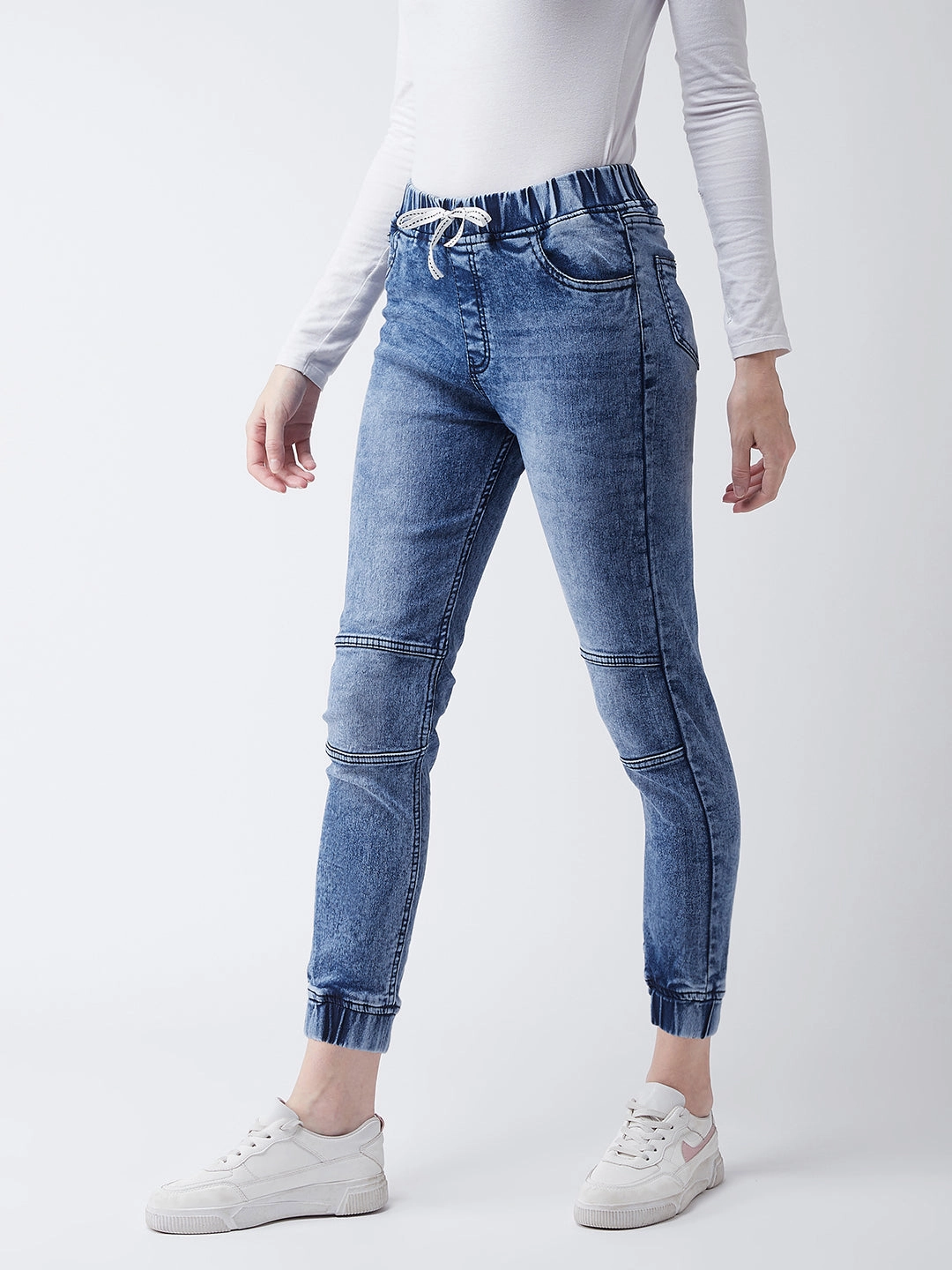 Effortless Layer Essential Waist Women's Blue Relaxed Fit Mid Rise Regular Length Denim Stretchable Jogger Pants