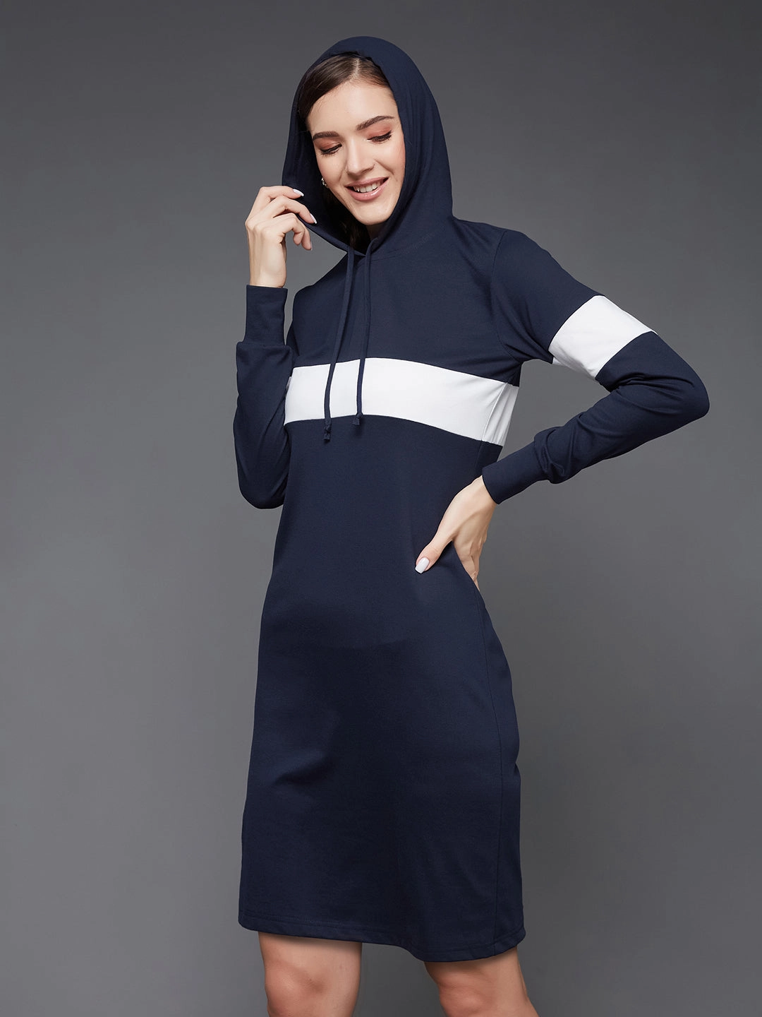 Women's Navy Blue and White Round Neck Full Sleeve Solid Knee-Long Hooded Dress Smooth Tone Soft Tone